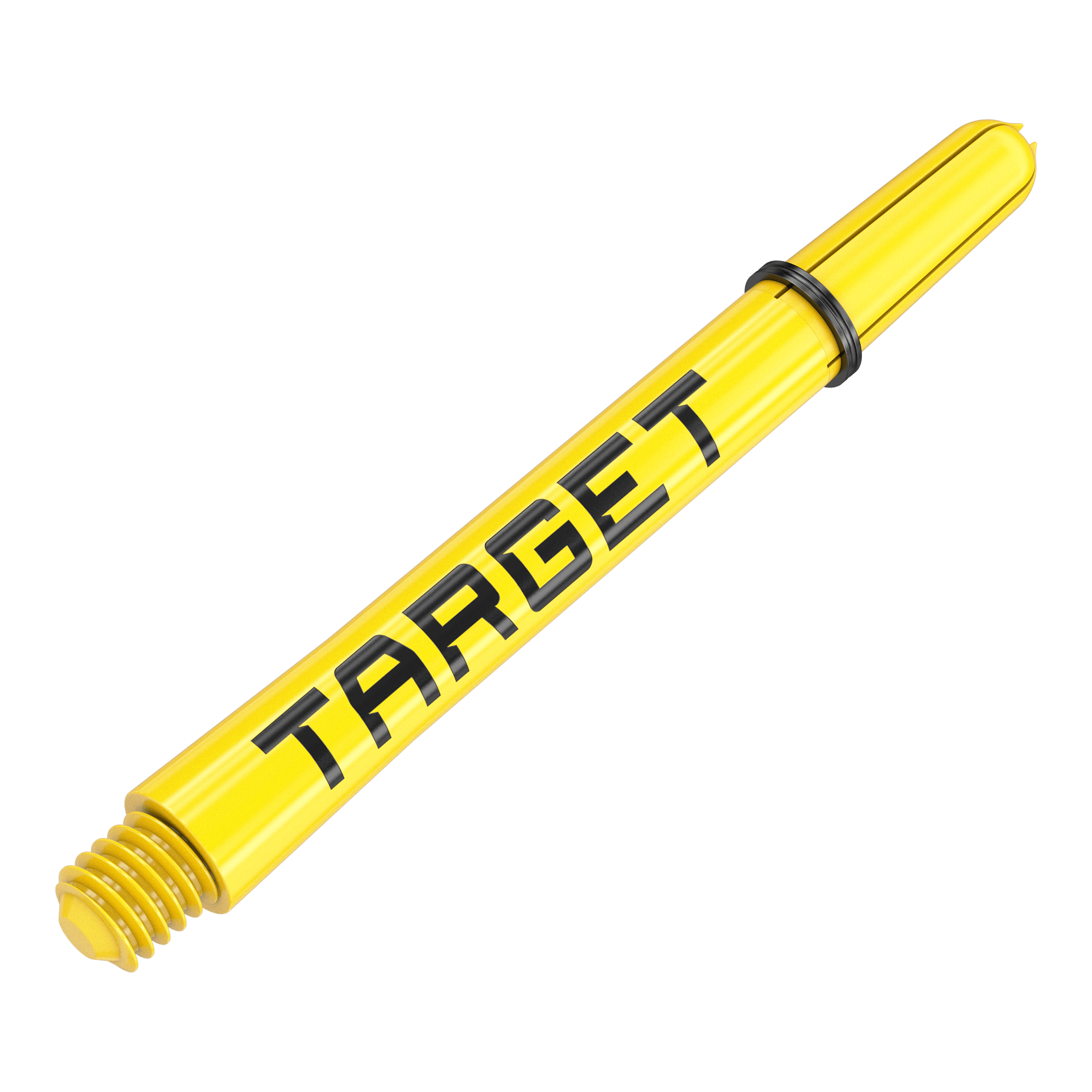 Aste Target Pro Grip TAG - 3 set - Giallo Das Bild zeigt einen gelben Dart-Schaft mit der Aufschrift "TARGET". Er hat ein Gewinde an einem Ende und einen schwarzen Ring in der Mitte.