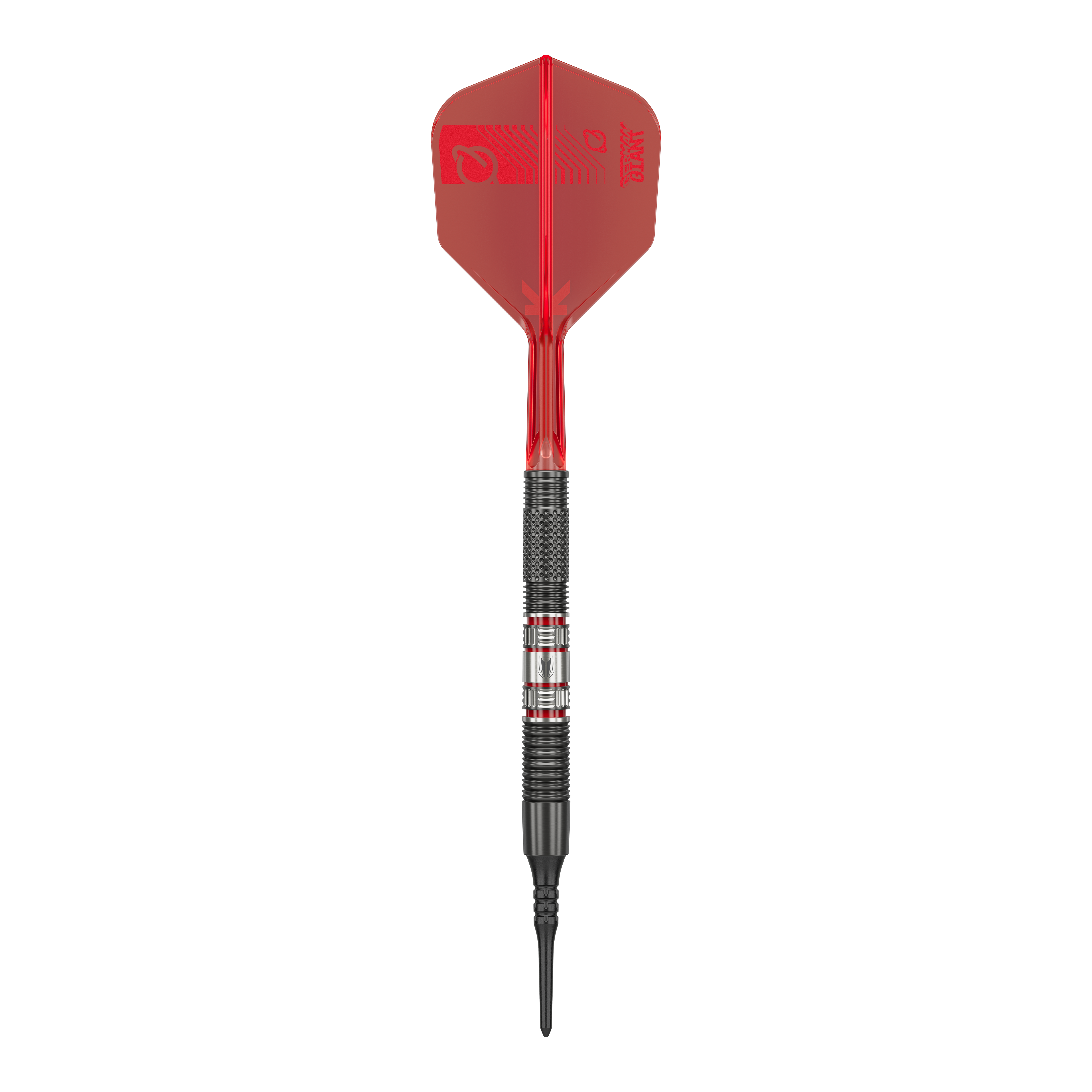 Freccette morbide Target Gabriel Clemens 95K - 19 g Das Bild zeigt einen Softdartpfeil des Modells „Target Gabriel Clemens 95K Softdarts - 19g“. Der Pfeil hat eine rote Flight, einen schwarzen Griffbereich und eine schwarze Spitze.