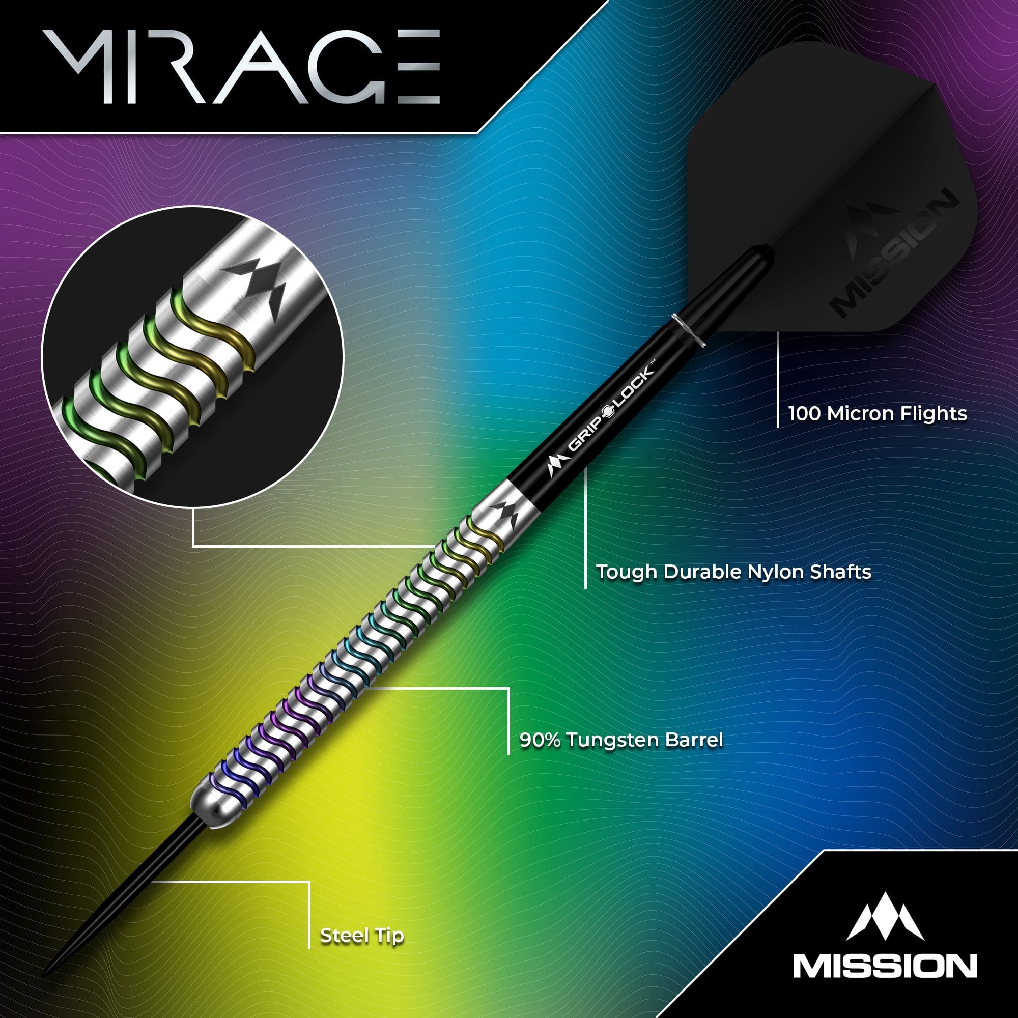 Freccette in acciaio Mission Mirage Mission Mirage Steeldarts sind für das Dartspiel entwickelt. Diese Aufnahme stellt das Modell in Nahaufnahme dar.