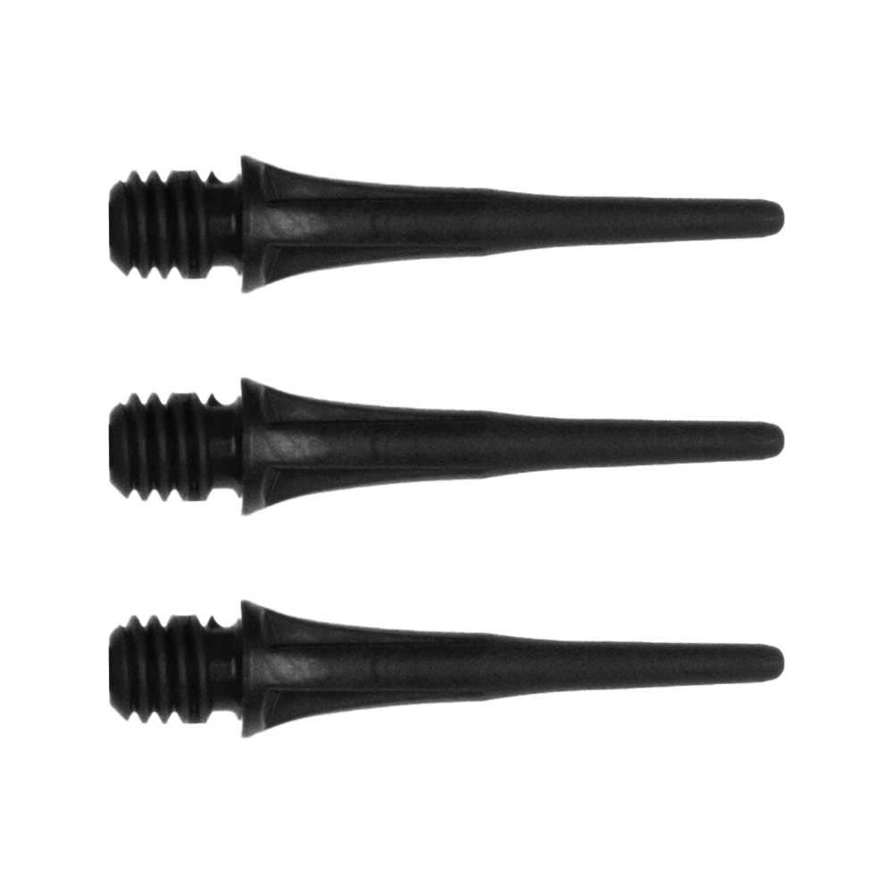 X9078_Cosmo_Fit_Point_Plus_2BA_Spitzen_Schwarz_1 Das Bild zeigt drei schwarze Dartspitzen mit Schraubgewinde. Sie sind nebeneinander auf weißem Hintergrund angeordnet.