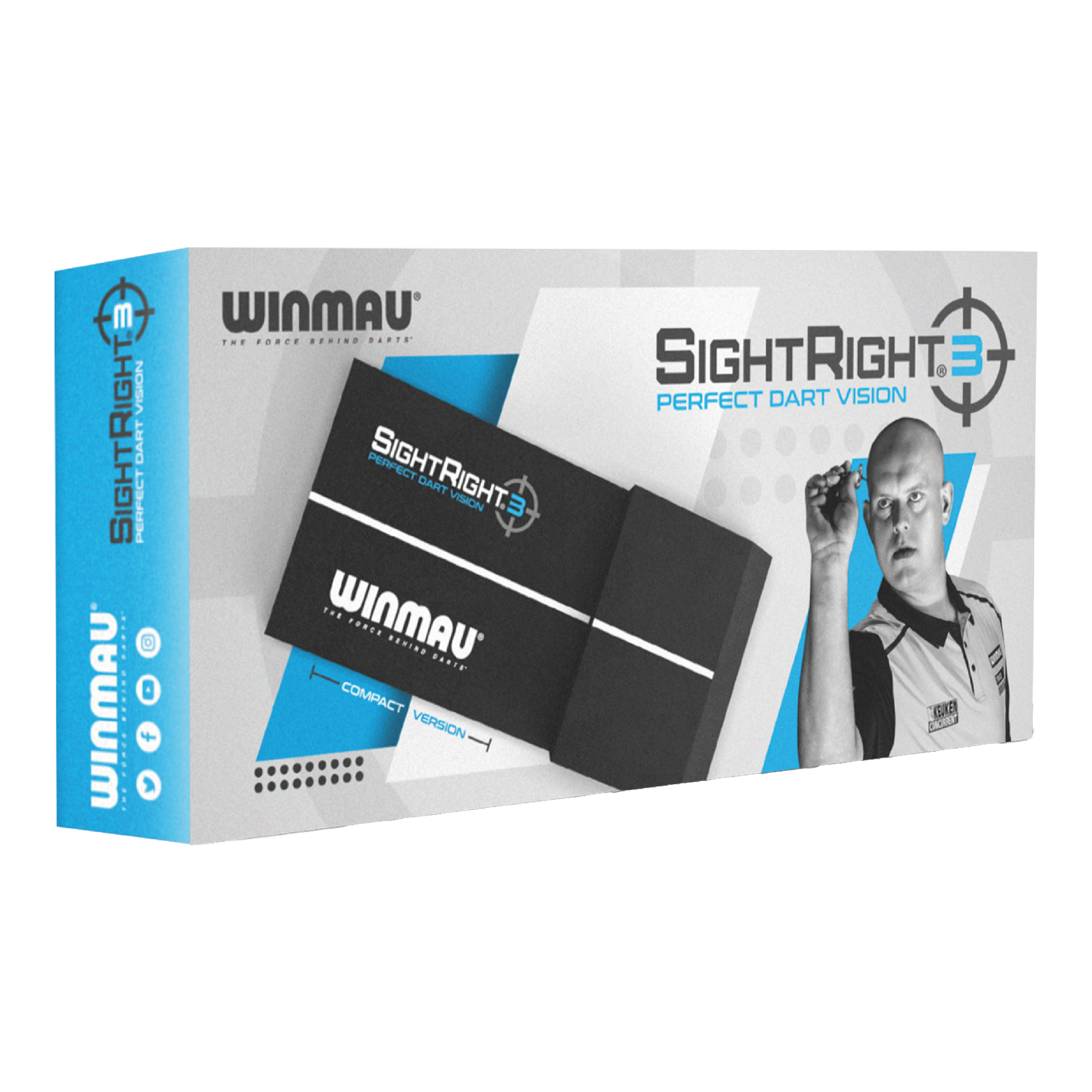 Winmau SightRight 3 - Compatto Die Abbildung zeigt die Verpackung des Produkts "Winmau SightRight 3 - Compact". Auf der Box ist ein Dartspieler zusammen mit dem Produkt abgebildet, das für perfektes Dart-Zielen entwickelt wurde.