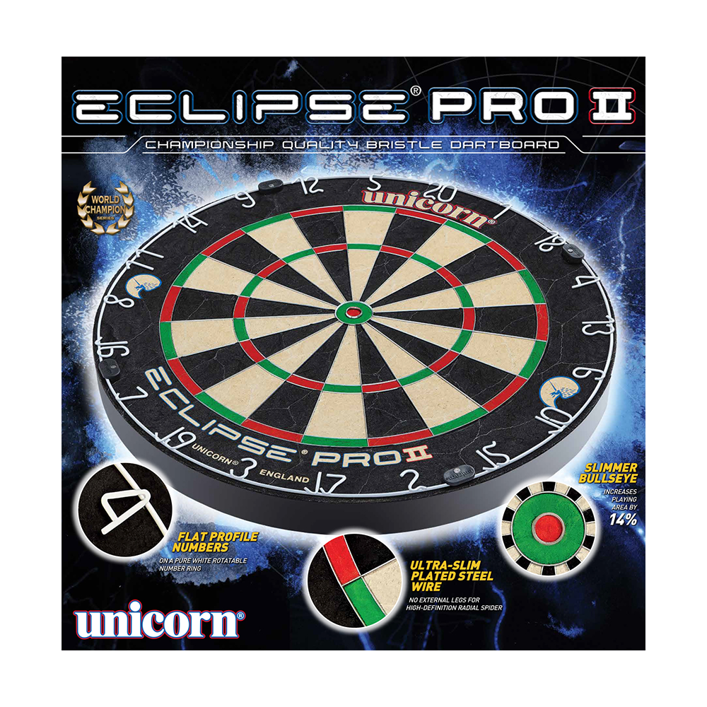 Unicorn Eclipse Pro 2 Dartboard Das Bild zeigt das Produkt "Unicorn Eclipse Pro 2 Dartboard". Es ist eine professionelle Dartscheibe mit flachen Zahlen und besonders schlankem Bullseye.