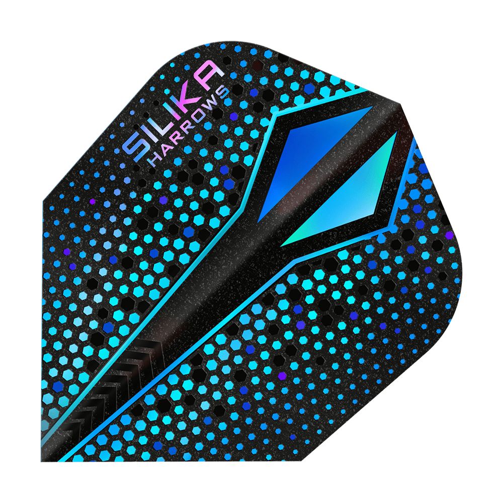 Harrows Silika Colorshift Rivestimento cristallino resistente Blue-X No6 Alette Das Bild zeigt ein Dart-Flight mit dem Namen "Harrows Silika Colourshift Tough Crystalline Coating Blue-X No6". Das Flight hat ein modernes Design mit blauen und schwarzen hexagonalen Mustern und einer glänzenden Oberfläche.