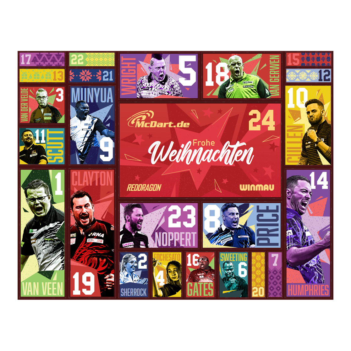 Calendario dell'Avvento 2026 con freccette in acciaio McDart Der McDart Steel-Darts Adventskalender 2026 ist auf diesem Bild zu sehen. Die Verpackung zeigt attraktive Darts-Motive und weihnachtliches Design.