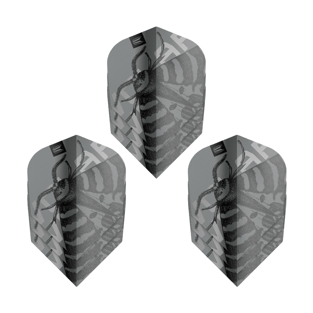 Target Pro Ultra Volar No6 Flights - 3 set Das Bild zeigt drei Sets von Target Pro Ultra Volar No6 Flights. Die Flights sind grau mit einem schwarzen Insektenmuster gestaltet.