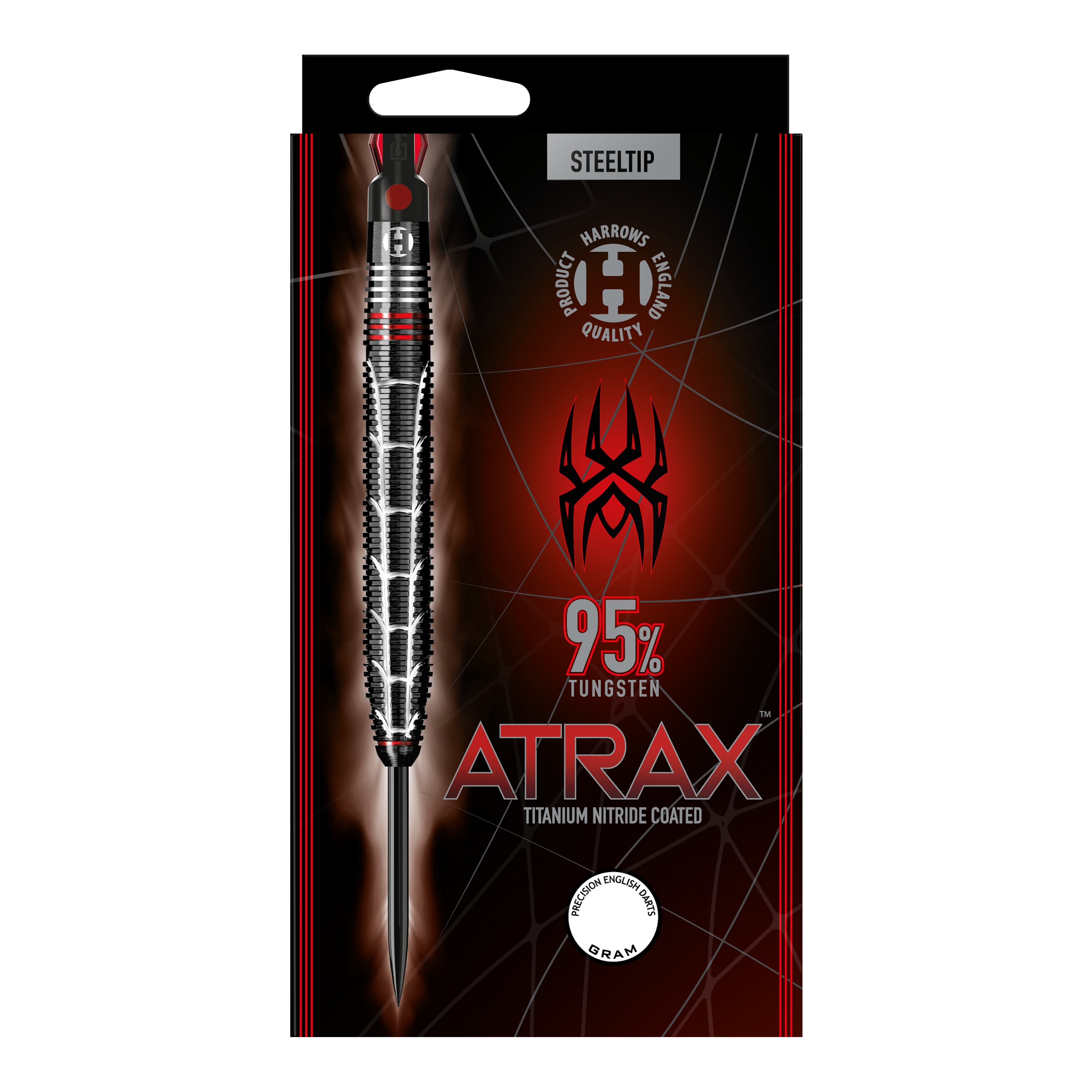 Freccette d'acciaio Atrax di Harrows Auf dem Bild ist eine Verpackung für Steeldarts der Marke Harrows zu sehen. Die Darts bestehen zu 95% aus Tungsten und sind mit Titan-Nitrid beschichtet.