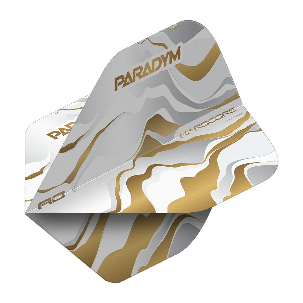 Red Dragon Hardcore Premium Paradym Gold Premium No2 Voli Standard Abgebildet ist ein Flight-Set für Dartpfeile des Produkts Red Dragon Hardcore Premium Paradym Gold Premium No2 Standard Flights. Es handelt sich um hochwertige, goldfarbene Standard-Flights für den Dartsport.