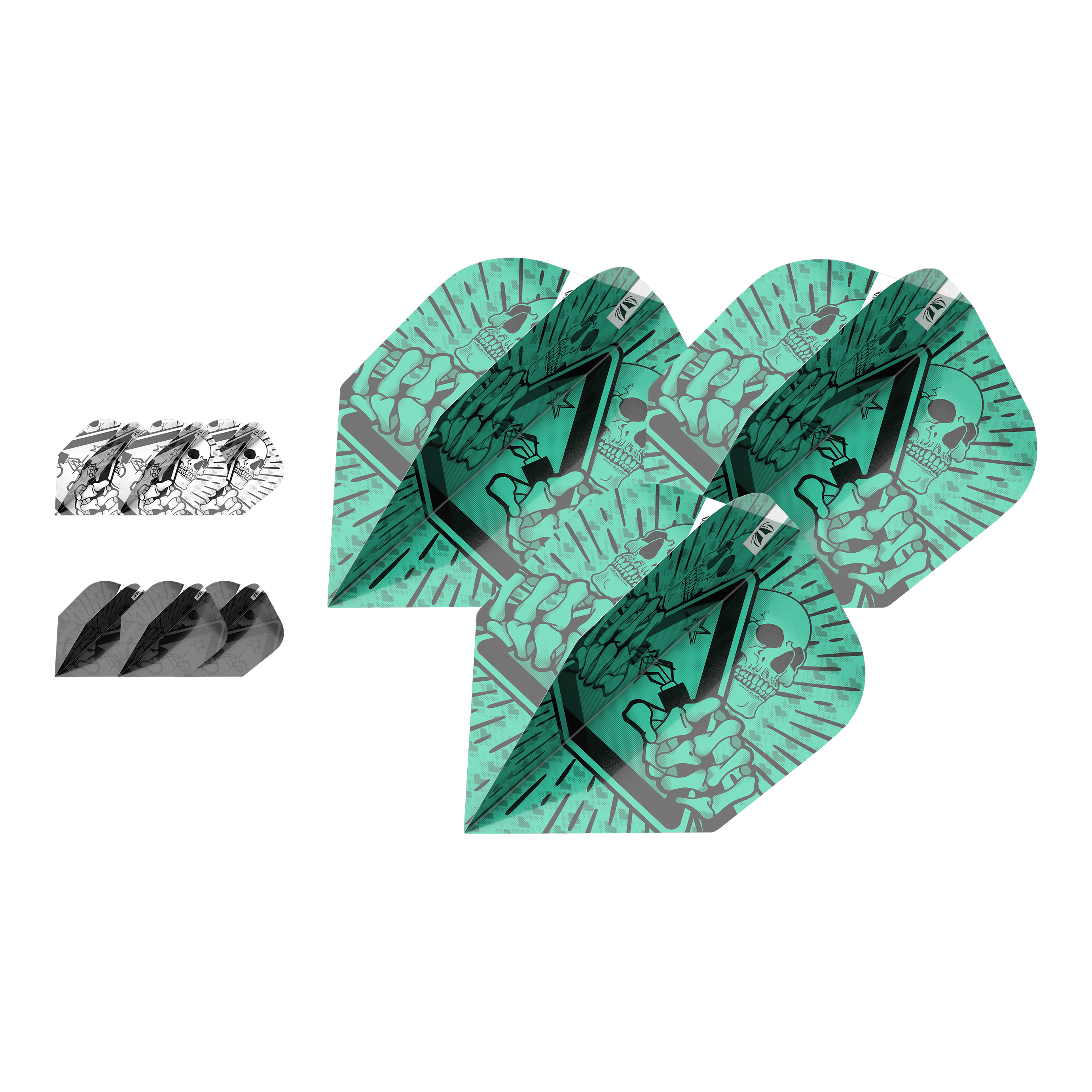 Target Ink Bundle 3 set di alette Rob Cross No6 Das Bild zeigt drei verschiedene Sets von Dartflights aus dem "Target Ink Bundle 3 Sets Rob Cross No6 Flights". Die Flights haben auffällige Designs in Grün, Schwarz und Weiß mit grafischen Motiven.