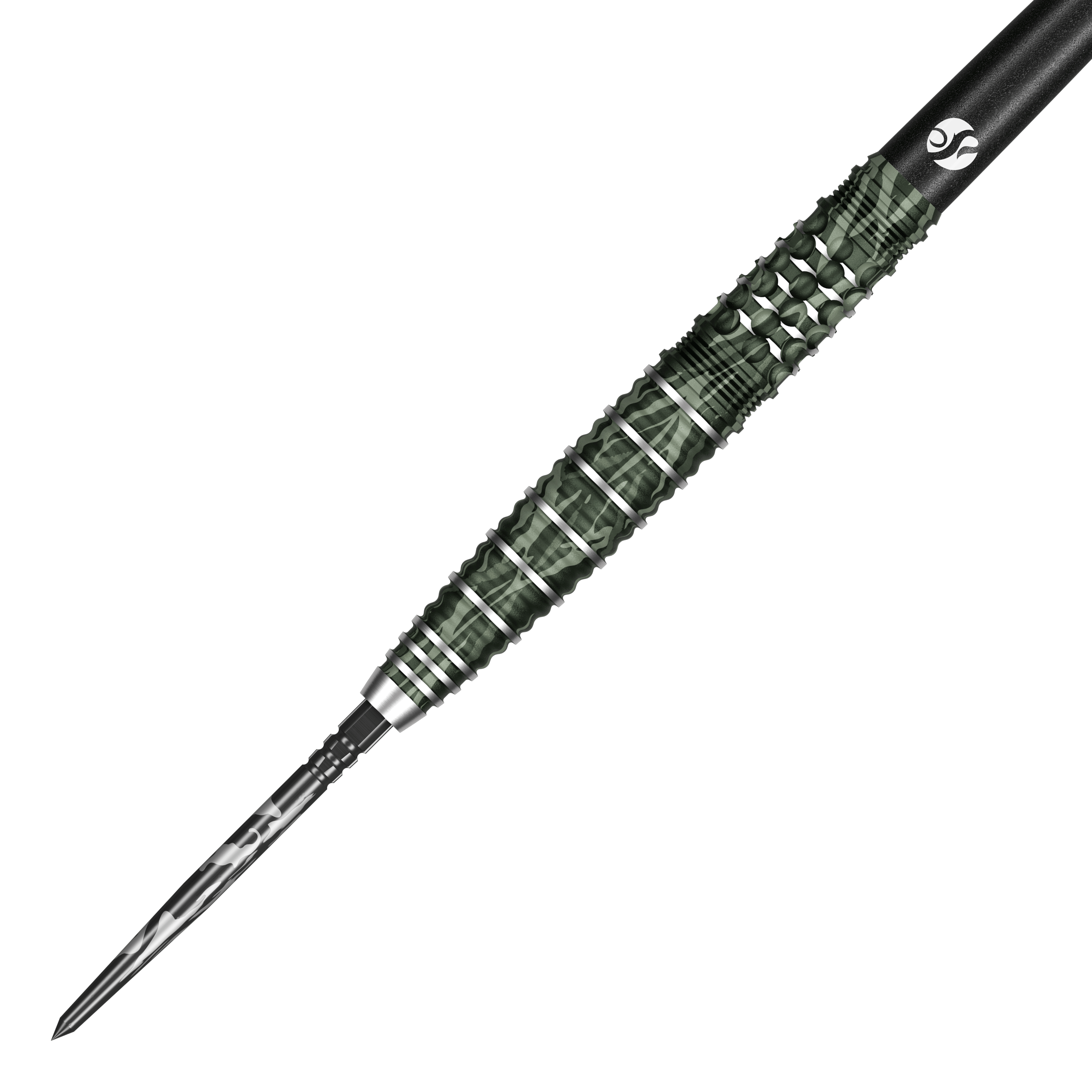 Shot Camo Ghillie Turbo Point Steeldarts 23g sind Dartpfeile mit Camouflage-Design. Sie sind nebeneinander aufgestellt.