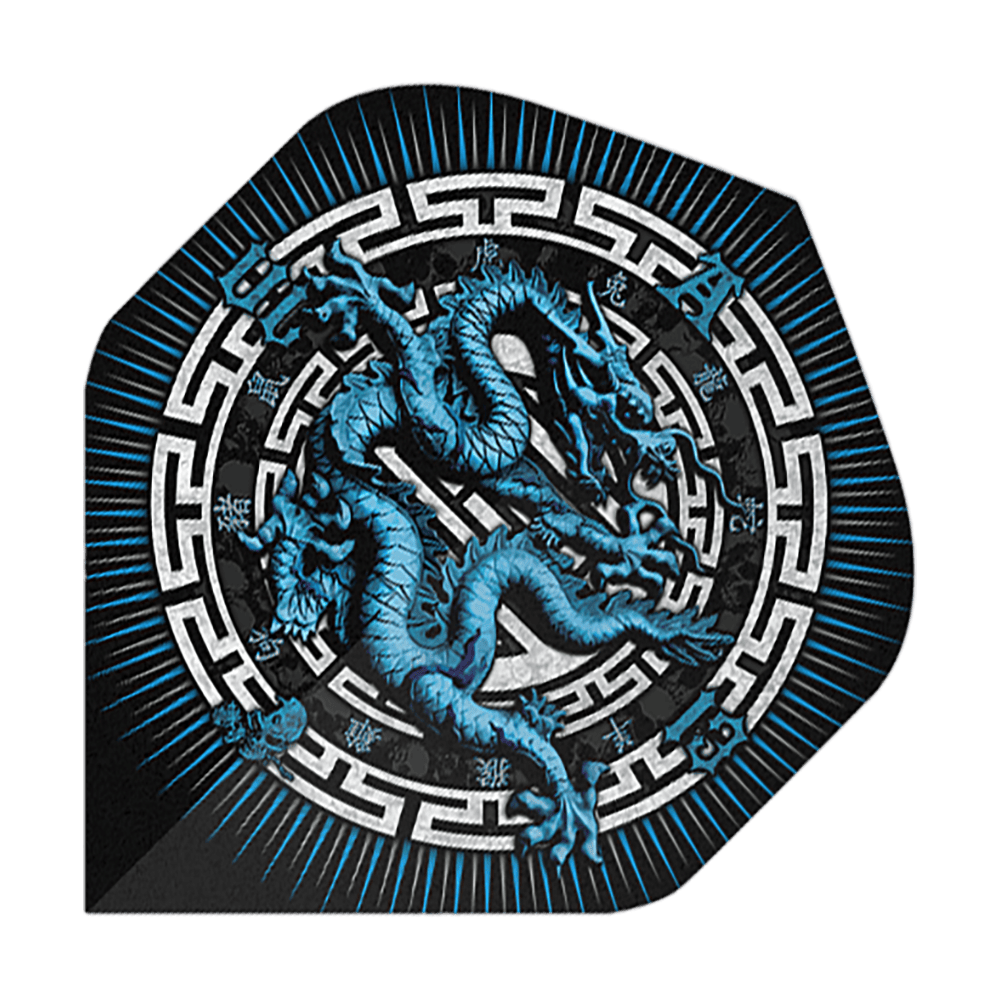 Alchimia Anno del Drago n. 2 Voli Standard Das Bild zeigt das Produkt "Alchemy Year Of The Dragon No2 Standard Flights". Auf dem Flight ist ein blauer Drache in einem dekorativen, kreisförmigen Muster abgebildet.