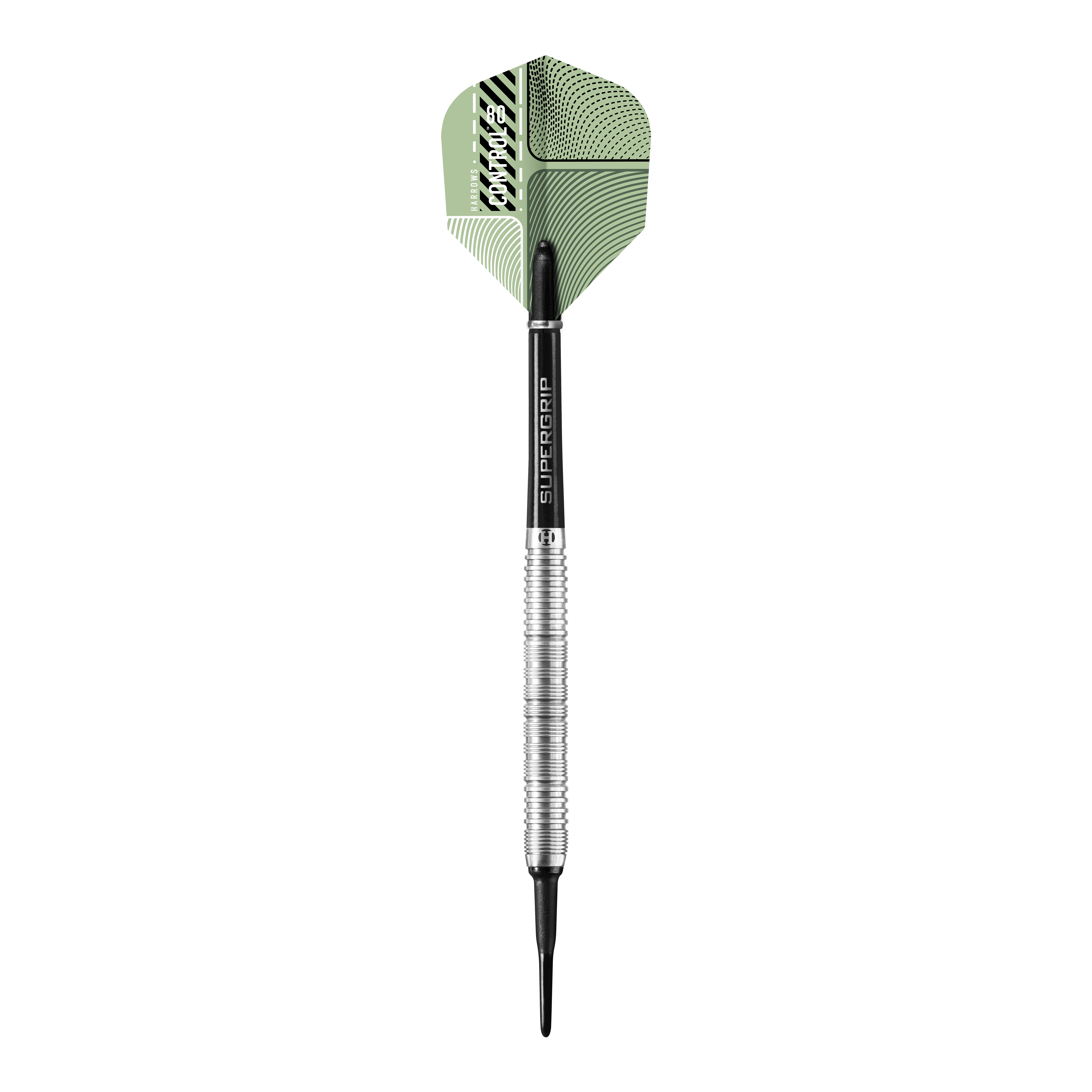 Harrows controlla i Softdarts paralleli Das Bild zeigt einen Harrows Control Parallel Softdart mit einem silbernen und schwarzen Schaft. Die Dartflügel sind grün gemustert und tragen das Markenlogo.