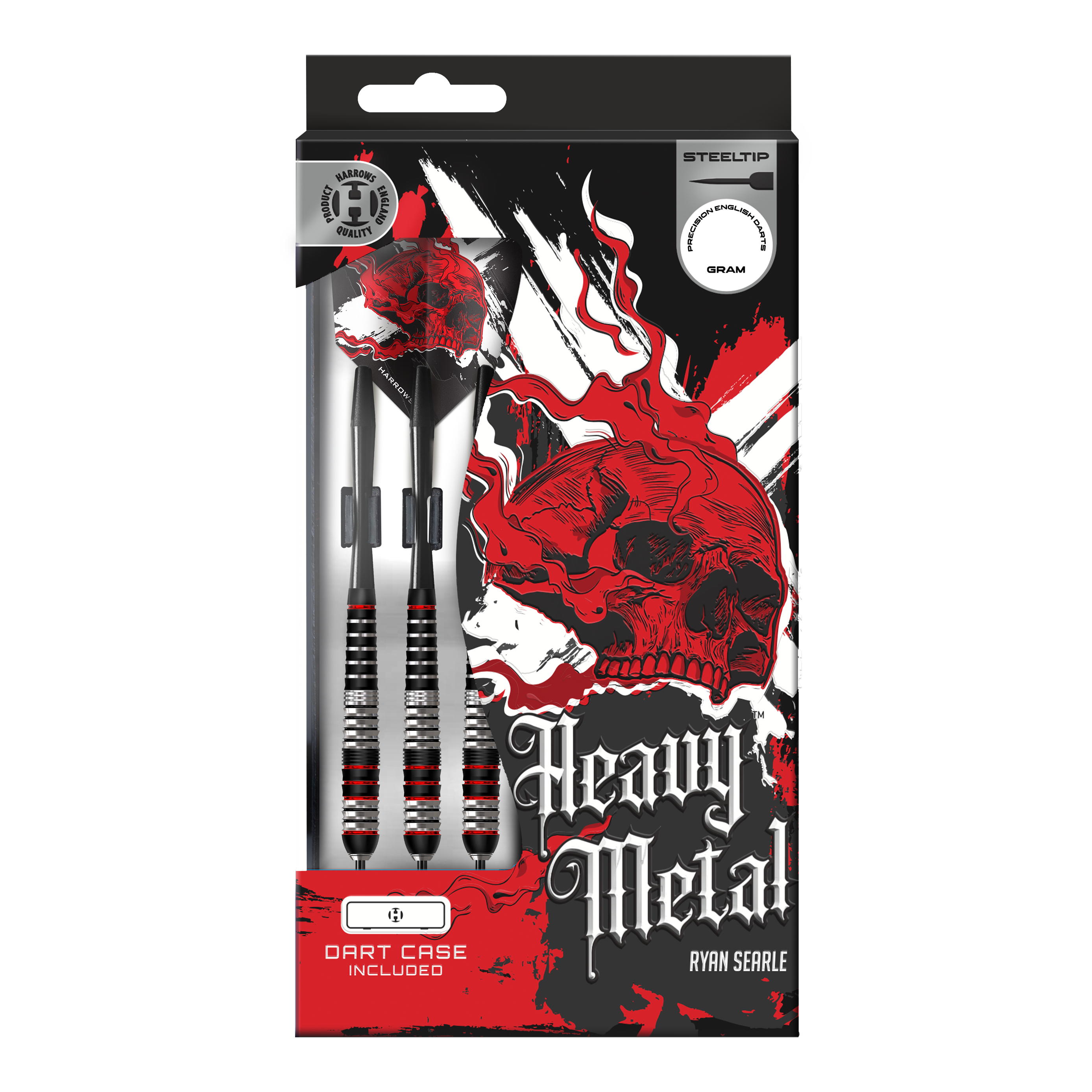 Freccette in acciaio e ottone Ryan Searle Heavy Metal Harrows Gezeigt werden die Harrows Heavy Metal Ryan Searle Brass Steeldarts. Dieses Set ist ideal für ambitionierte Dartspieler.