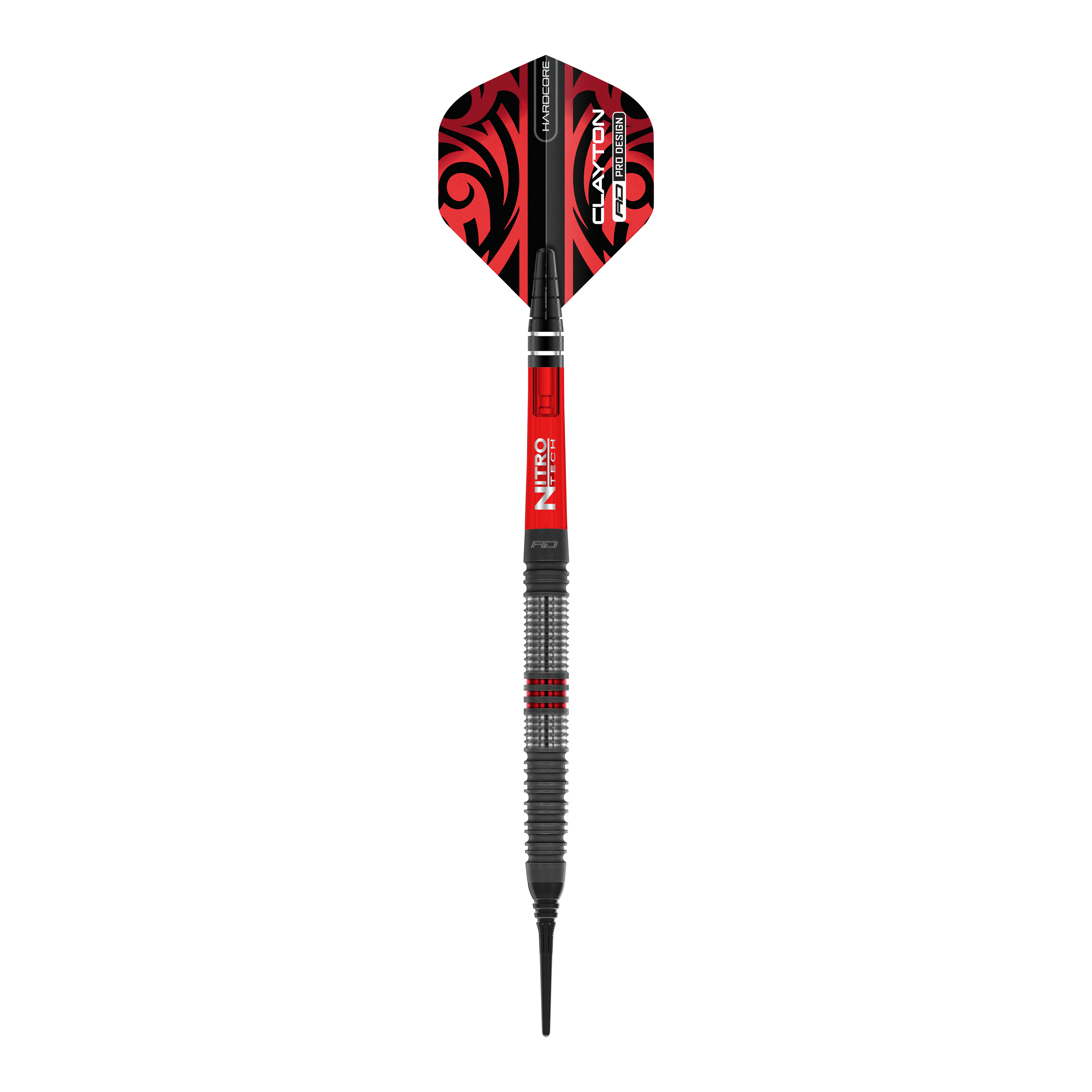 Freccette morbide Red Dragon Jonny Clayton Hiraeth - 20 g Das Bild zeigt einen Softdart der Marke Red Dragon, Modell "Jonny Clayton Hiraeth" mit einem Gewicht von 20 Gramm. Der Dart ist überwiegend in den Farben Rot und Schwarz gestaltet und hat ein auffälliges Muster auf dem Flight.