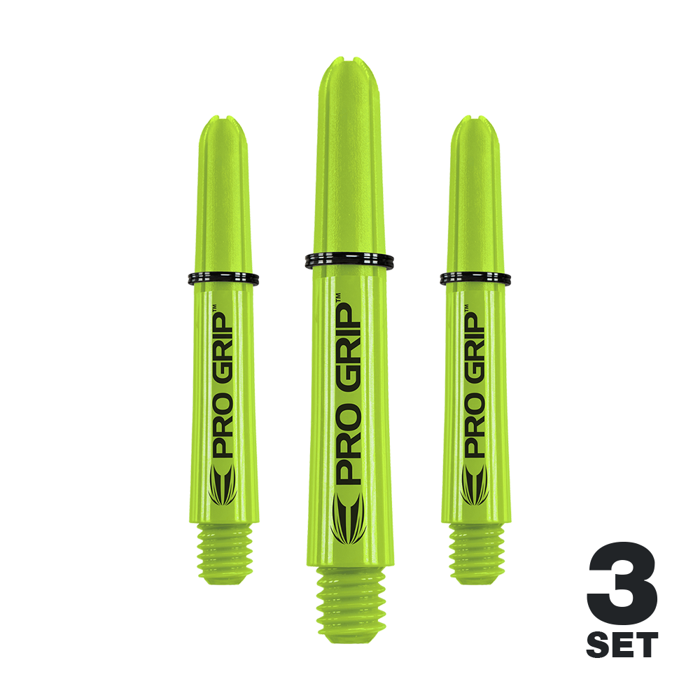 Target Pro Grip Shafts - 3 set - Verde lime Das Bild zeigt drei limegrüne Pro Grip Shafts für Dartpfeile. Unten rechts steht "3 Set", was anzeigt, dass es sich um ein Set mit drei Stück handelt.