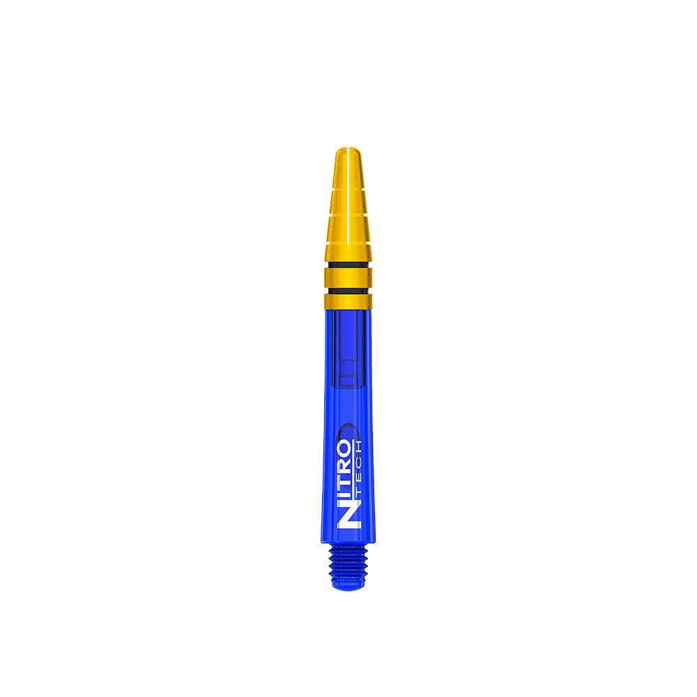 C799_Red_Dragon_Nitrotech_Shafts_Blau_Gold_39mm_1Y7u22MrYH4ORG Das Bild zeigt einen Red Dragon Nitrotech Shaft in Blau und Gold mit einer Länge von 39 mm. Auf dem blauen Schaft steht der Schriftzug "Nitro Tech".