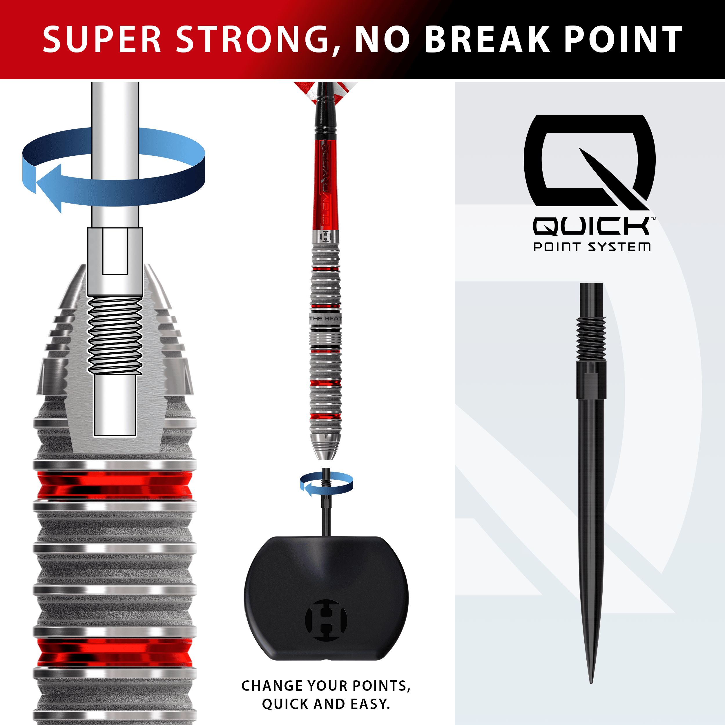 Freccette in acciaio Quick Point Damon Heta Series 4 di Harrow Das Bild zeigt die Harrows Damon Heta Series 4 Quick Point Steeldarts. Die Steeldarts liegen nebeneinander und sind deutlich erkennbar.