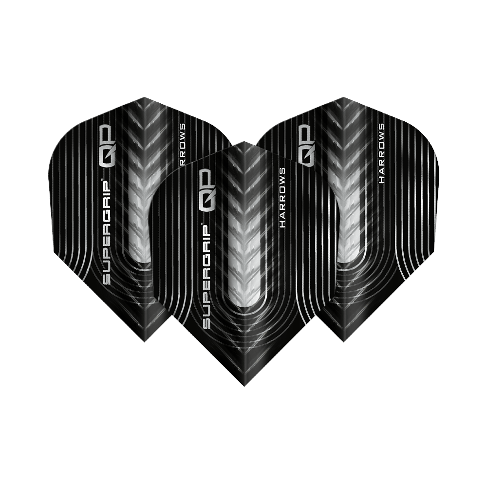 Alette Supergrip QP n. 6 di Harrow Harrows Supergrip QP No6 Flights sind Dartflights mit besonderem Design. Dieses Bild zeigt ein Set dieser Flights.