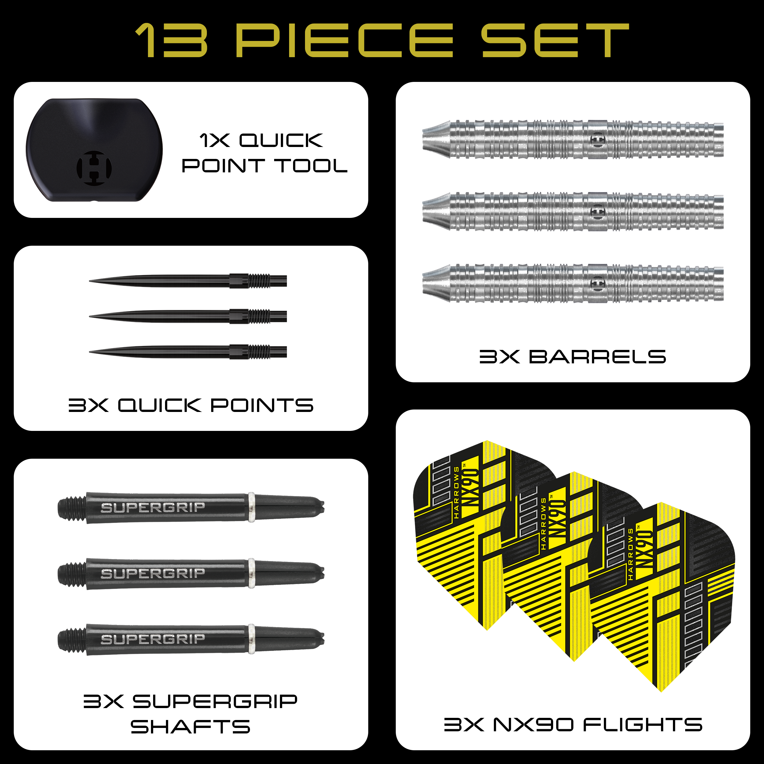 Freccette in acciaio a punta rapida parallela Harrows NX90 Das Bild zeigt die Harrows NX90 Parallel Quick Point Steeldarts. Dies sind hochwertige Steeldarts mit modernem Design.