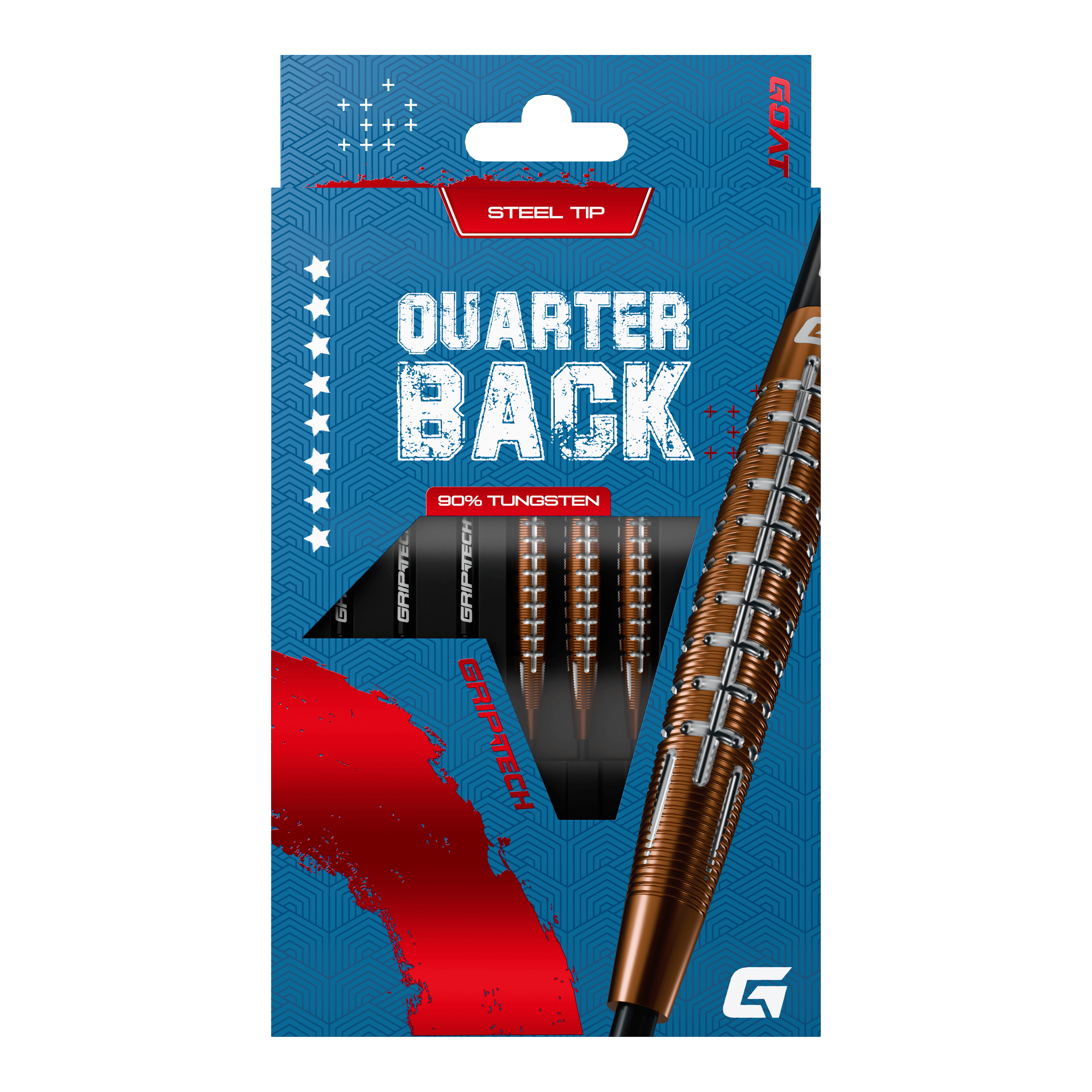 Freccette in acciaio al tungsteno GOAT Quarterback V1 Das Bild zeigt die GOAT Quarterback V1 Tungsten Steeldarts in einer blauen Verpackung. Die Darts bestehen zu 90% aus Tungsten und haben eine Stahlspitze.