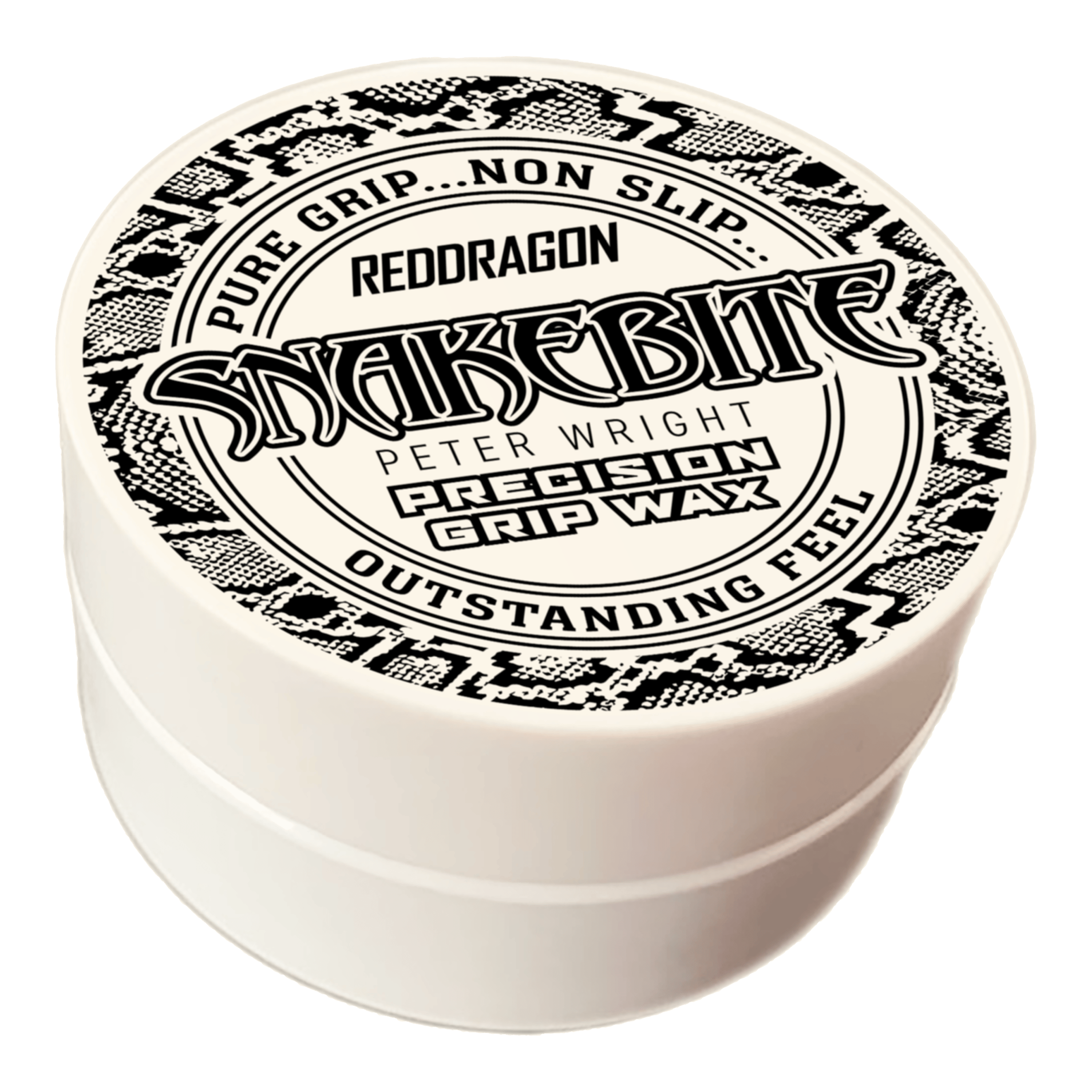 Cera per dita Red Dragon Peter Wright Snakebite Precision Grip Wax Das Bild zeigt eine runde Dose mit der Aufschrift "Red Dragon Peter Wright Snakebite Precision Grip Wax". Die Verpackung ist weiß mit einem schwarz-weißen Schlangenmuster und betont den festen, griffsicheren Halt.