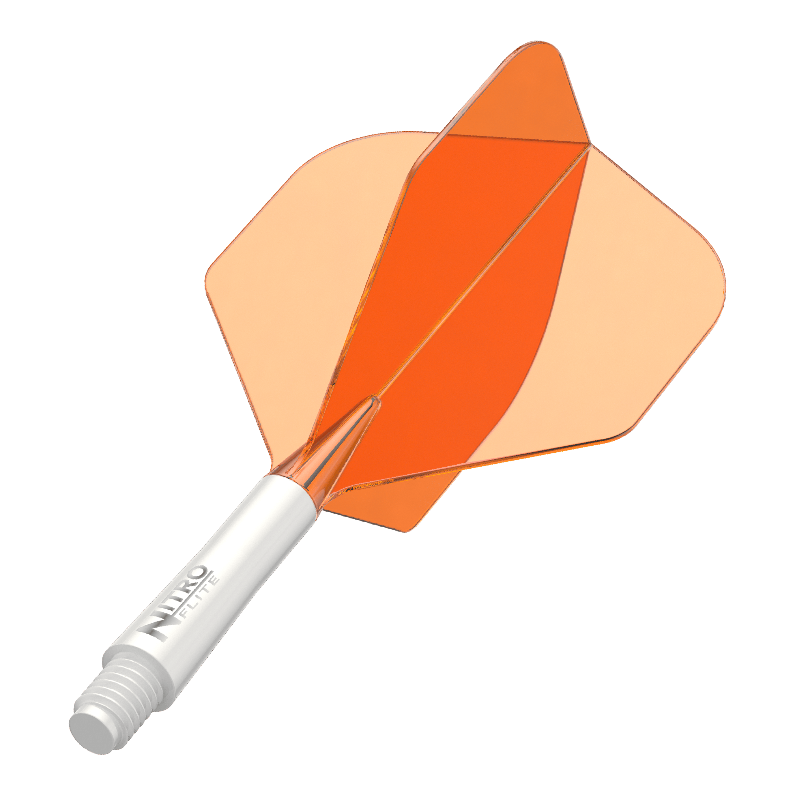 Red Dragon Nitroflite Asta bianca Alette arancioni n. 2 Abgebildet ist ein Dart-Schäfte-Set mit weißem Schaft und orangen Flights. Das Produkt scheint ein Red Dragon Nitroflite Modell in kurzer Ausführung zu sein.