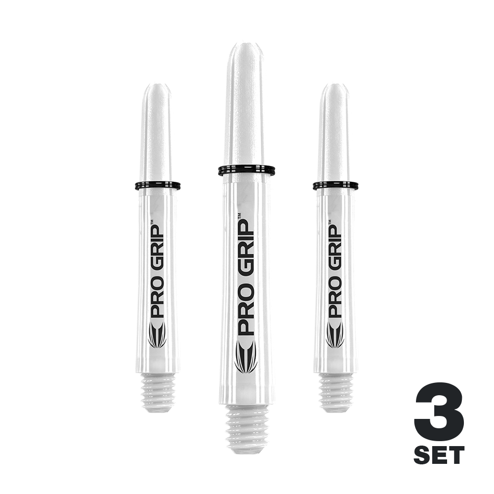 Target Pro Grip Shafts - 3 set - Bianco Das Bild zeigt drei weiße Pro Grip Shafts für Dartpfeile. Unten rechts steht "3 Set" geschrieben.