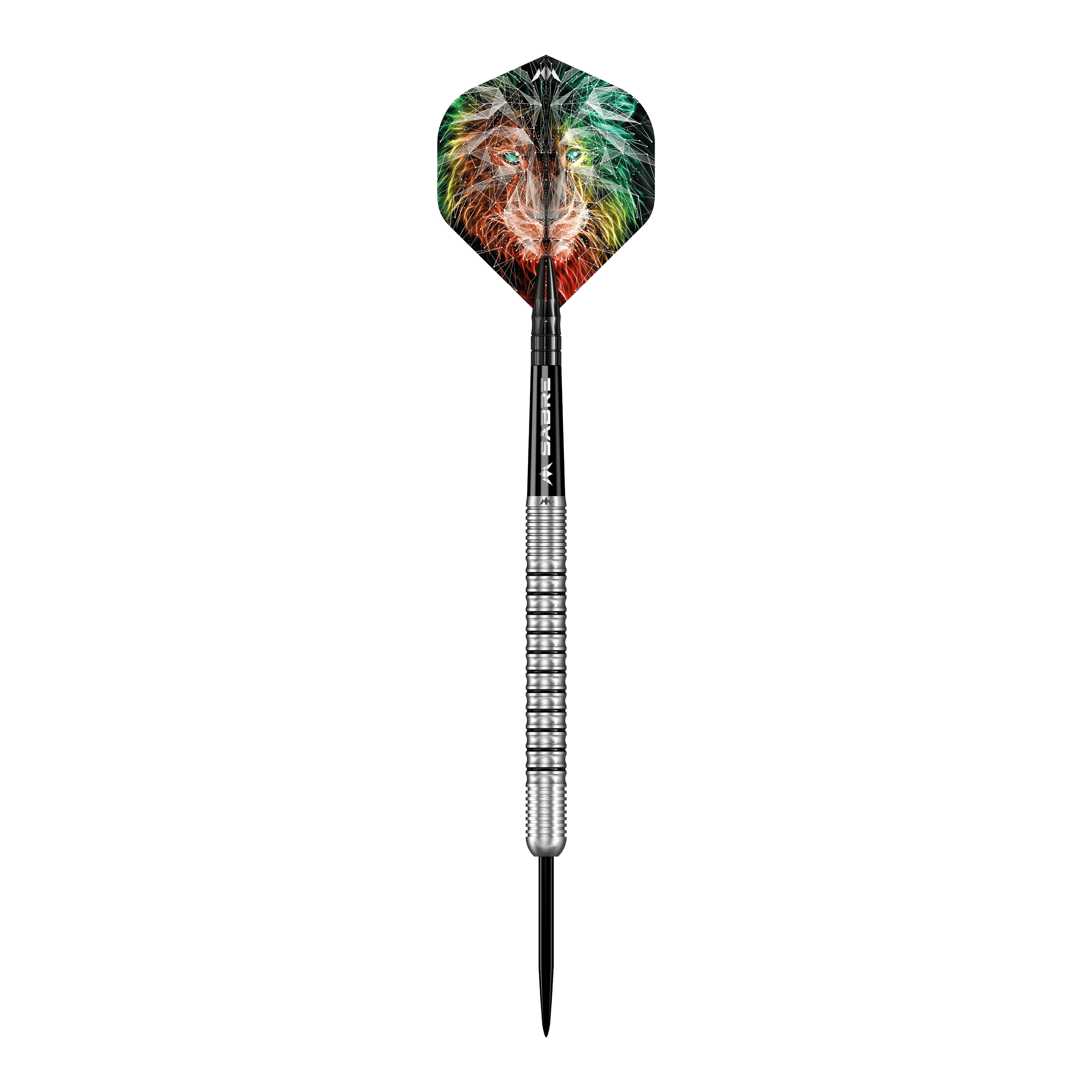 Missione Dominik Grüllich Steeldarts Der abgebildete Dartpfeil ist der "Mission Dominik Grüllich Steeldart" mit einem Gewicht von 23,5g. Auf dem Dartflügel ist ein farbenfroher Löwenkopf zu sehen.