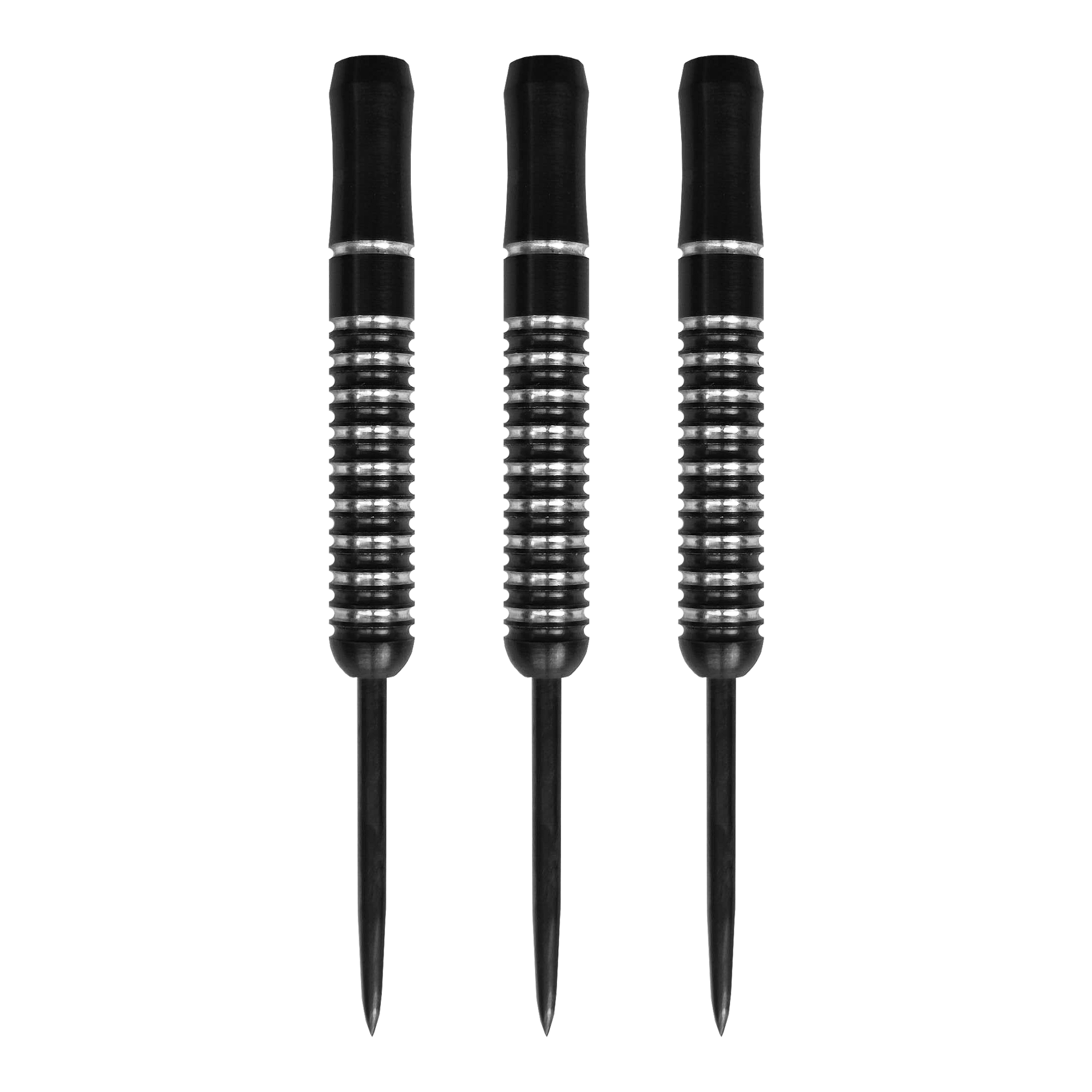 Barili McDart Void Steeldart - 23 g Auf dem Bild sind drei McDart Void Steeldart Barrels mit einem Gewicht von 23g zu sehen. Die Darts sind schwarz mit silbernen Rillen und haben eine schlichte, moderne Optik.