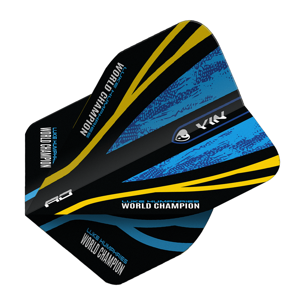 Red Dragon Luke Humphries Campione del mondo Blue Gold Yin Yang Voli standard Das Bild zeigt das Produkt "Red Dragon Luke Humphries World Champion Blue Gold Yin Yang Standard Flights". Das Design ist schwarz mit blauen und goldenen Akzenten sowie der Aufschrift "WORLD CHAMPION".