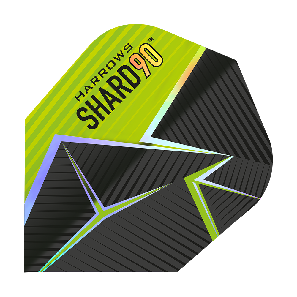 Voli Harrows Prime Shard No6 Das Bild zeigt ein Dart-Flight mit dem Namen „Harrows Prime Shard No6“. Das Design ist schwarz und gelb mit geometrischen Linien und dem Aufdruck „SHARD 90“.