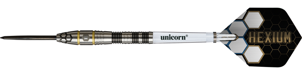 Freccette in acciaio Unicorn Hexium Style 01 nere e oro
