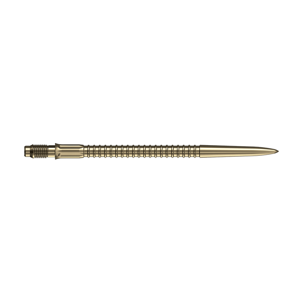 Punte per freccette Mission R2.5 Rapid Point GV1 - Oro Abgebildet sind goldene Dartspitzen von Mission R25 Rapid Point mit einer Länge von 40mm. Das Bild zeigt die Spitzen aus verschiedenen Perspektiven.
