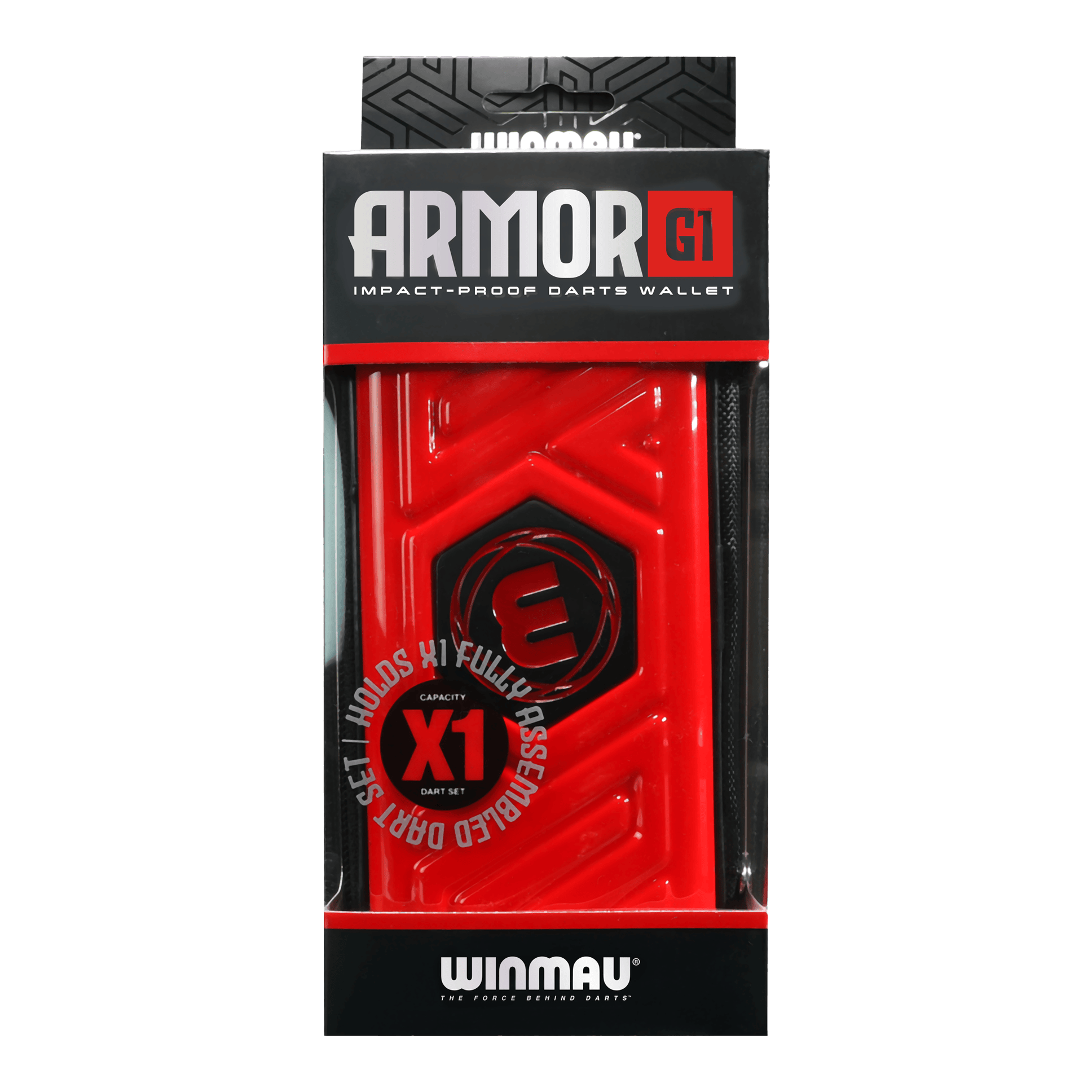 Portafoglio per freccette Winmau Armor G1 Das Bild zeigt eine rote Winmau Armor G1 Darttasche in ihrer Verpackung. Auf der Verpackung steht, dass sie ein vollständig montiertes Dart-Set aufnehmen kann.