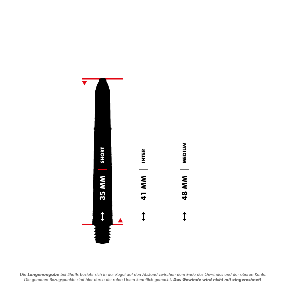 7020_Winmau_Prism_Force_Shafts_5_35mmoBxspr1z3ZHxZ Das Bild zeigt verschiedene Längenangaben für Dart-Shafts, darunter 35 mm (Short), 41 mm (Inter) und 48 mm (Medium). Die Messung erfolgt vom Ende des Gewindes bis zur oberen Kante, das Gewinde wird dabei nicht mitgerechnet.