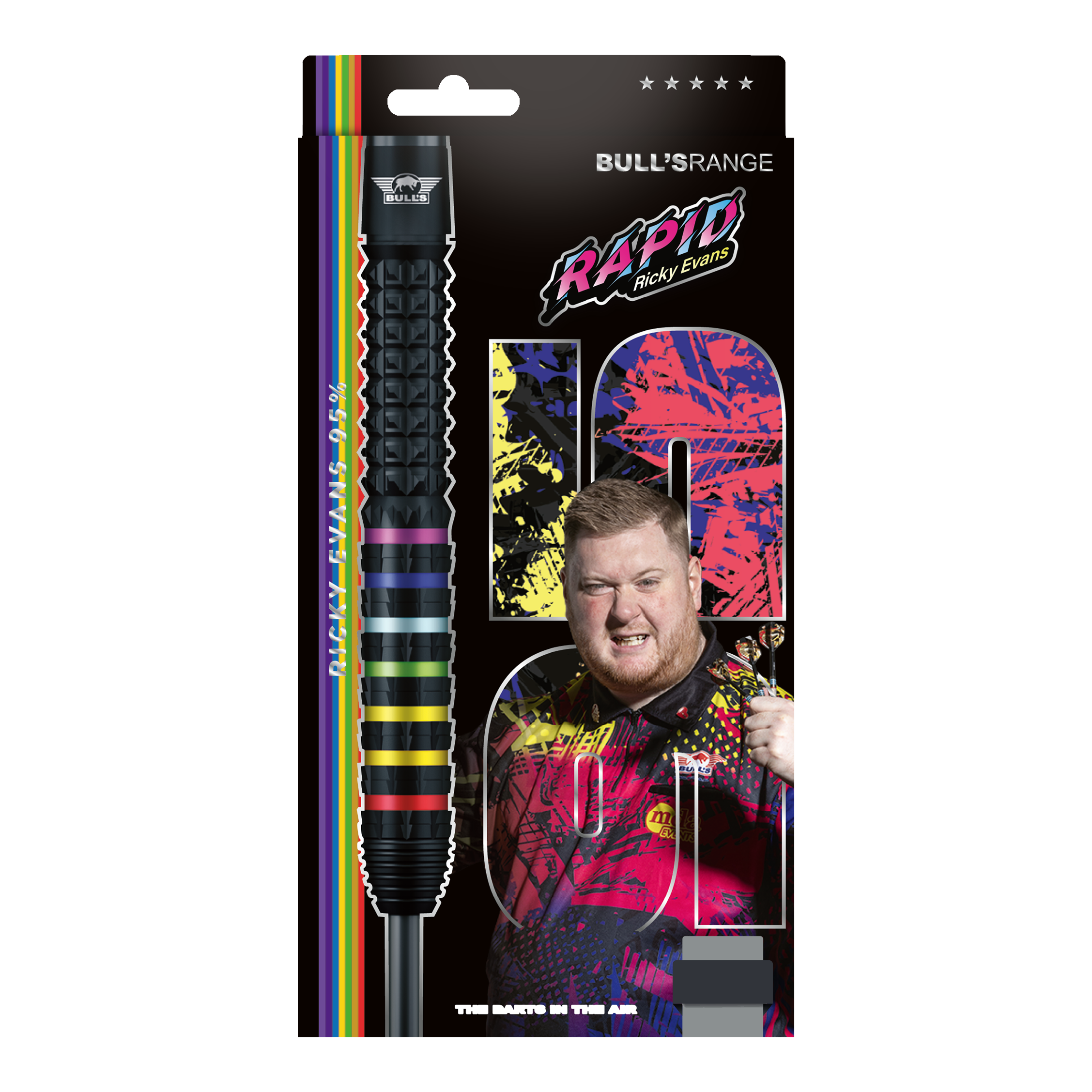 Bulls NL Ricky Evans Rapid 95 freccette in acciaio Das Foto zeigt die Bulls NL Ricky Evans Rapid 95 Steeldarts in der 23g-Ausführung. Die Darts werden aus einer anderen Perspektive dargestellt.