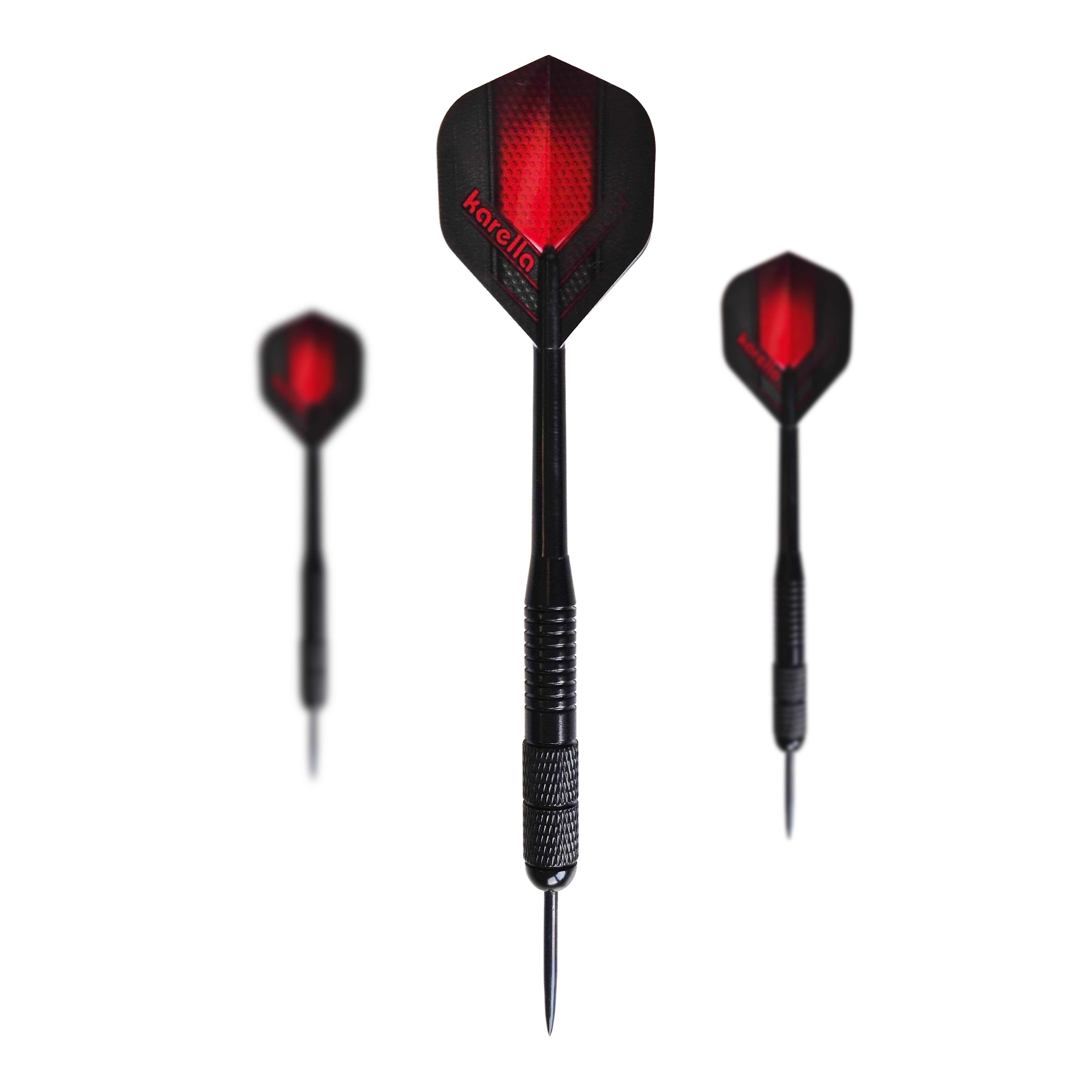 Freccette in acciaio Karella in ottone nero - 21 g Das Bild zeigt die Karella Black Brass Steeldarts mit einem Gewicht von 21g. Es handelt sich um ein Set schwarzer Steeldarts.