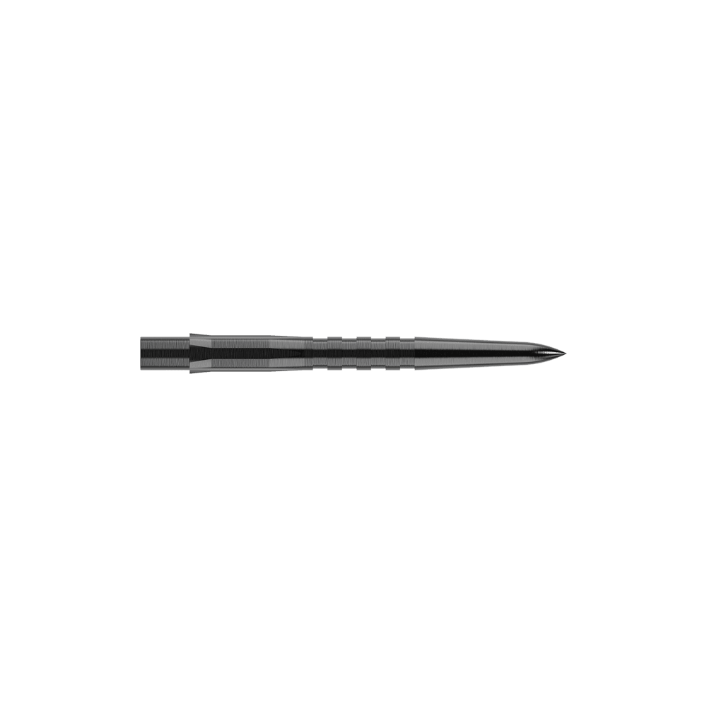 Das Bild zeigt eine schwarze, gerillte Steeldartspitze. Sie ist schmal, lang und hat eine spitze Vorderseite.