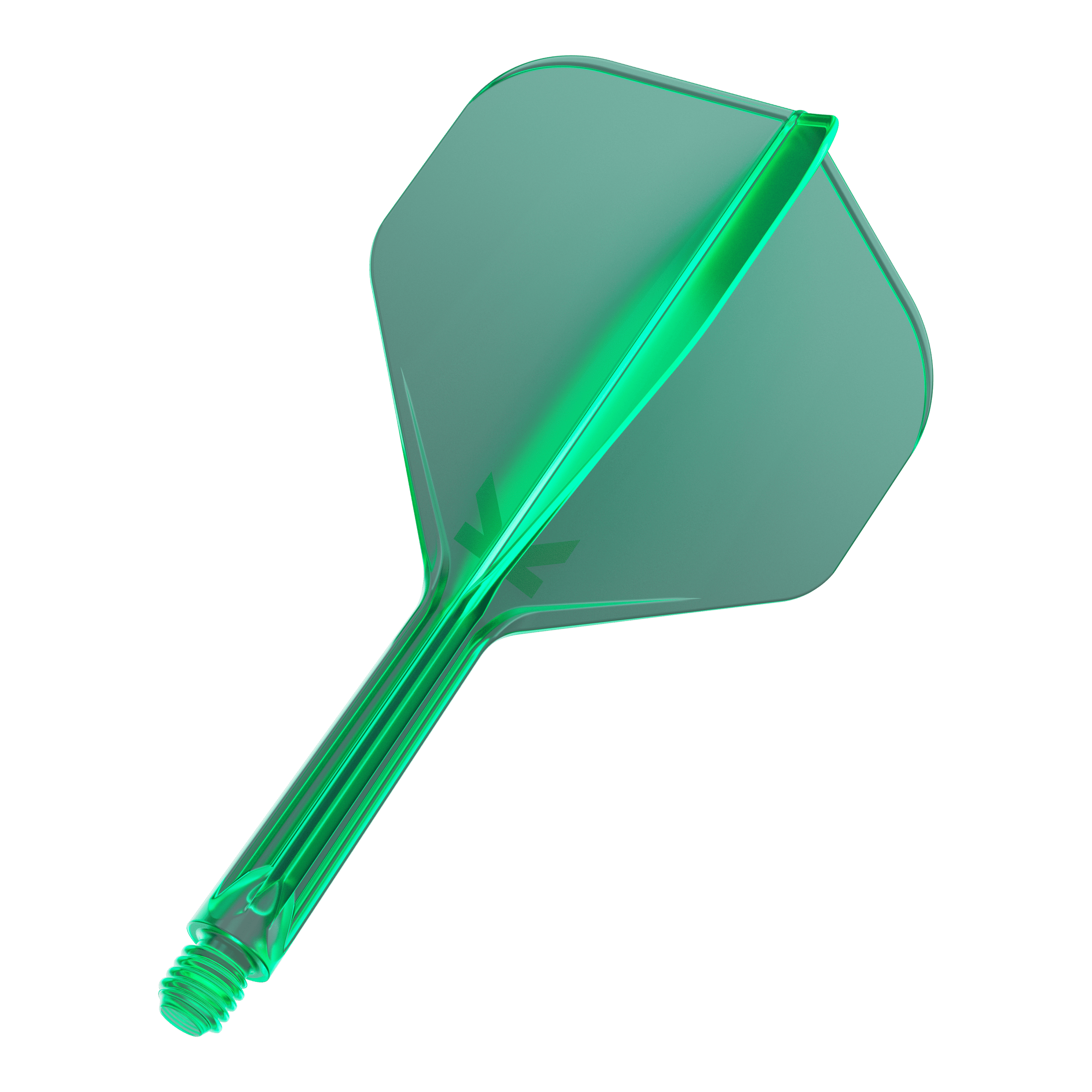 Target K-Flex No2 Standard Flight System - Verde Das Bild zeigt einen grünen Dartflügel mit einem integrierten Schaft. Der Flügel hat eine Standardform und besteht aus durchsichtigem Kunststoff.