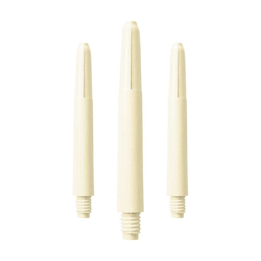 577_Nylon_Shafts_Naturweiss_40mm_1 Das Bild zeigt drei Nylon-Schäfte in Naturweiß. Sie sind länglich geformt und verfügen unten über ein Schraubgewinde.