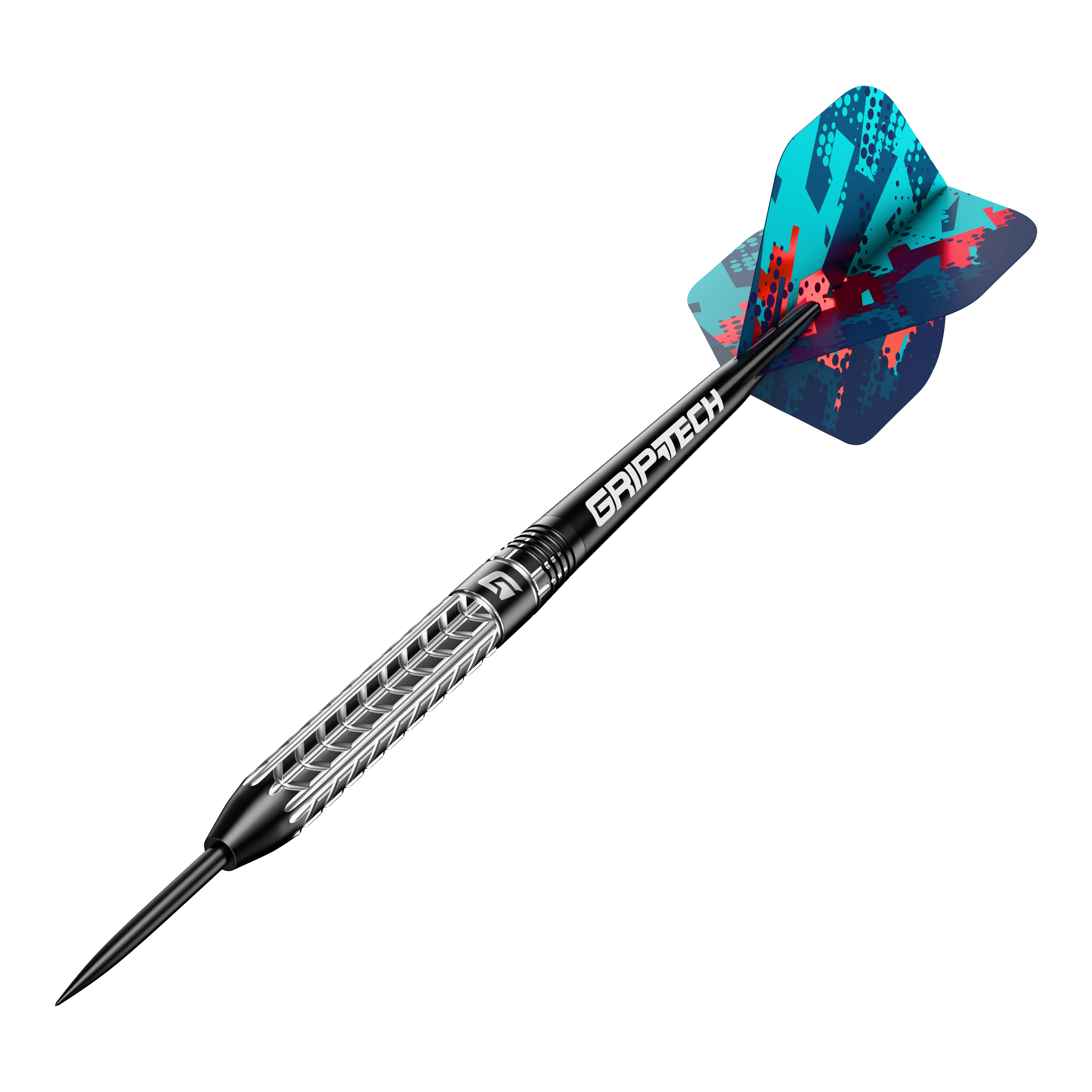 Freccette in acciaio al tungsteno GOAT Traction Das Bild zeigt einen GOAT Traction Tungsten Steeldart mit einer strukturierten Griffoberfläche und einer farbenfrohen Flight. Der Schaft trägt die Aufschrift "GRIPTECH" und die Spitze ist aus Stahl.