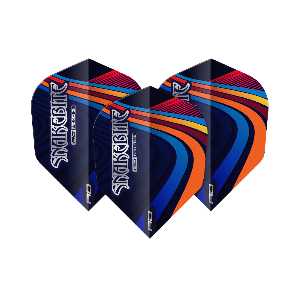 Voli Red Dragon Peter Wright Snakebite Multi Swirl No6 Das Bild zeigt drei bunte Dart-Flights mit dem Schriftzug "Snakebite". Die Flights haben ein auffälliges Muster in Blau, Orange, Rot und Gelb.