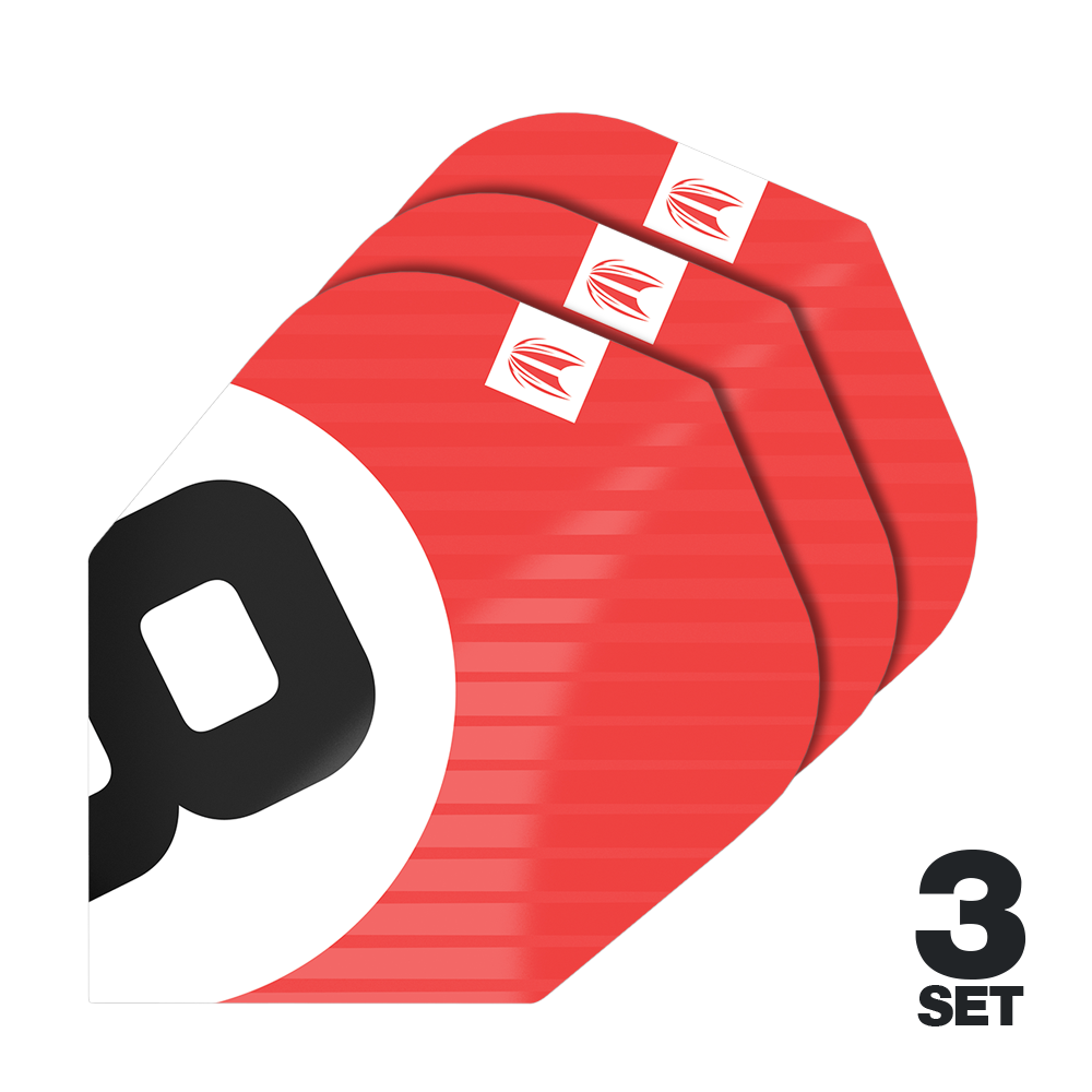 Alette Target Pro Ultra Chicane Red No6 - 3 set Das Bild zeigt drei Sätze der Target Pro Ultra Chicane Red No6 Flights. Die Flights sind überwiegend rot mit einem schwarzen und weißen Design sowie einem kleinen Logo in der Ecke.