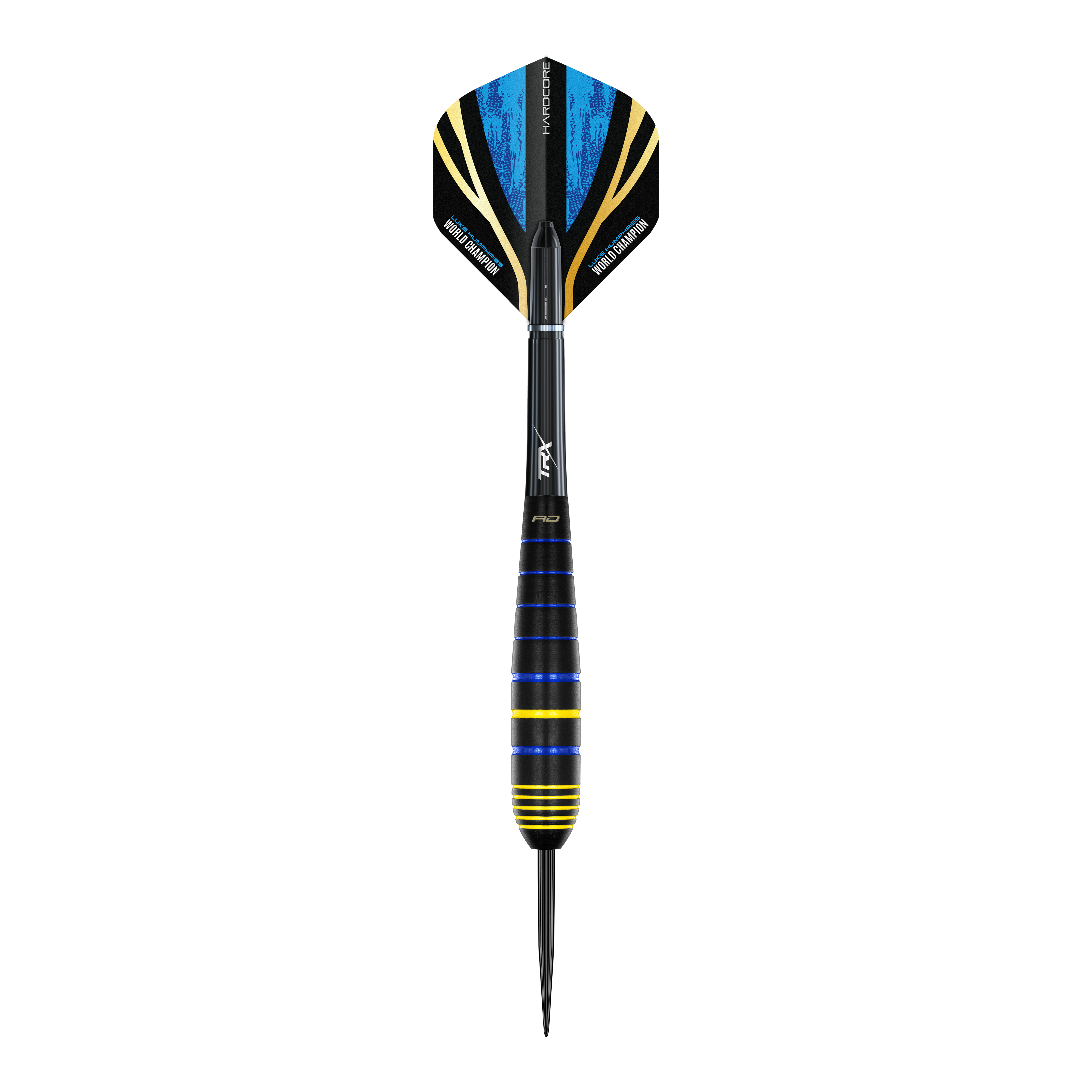 Red Dragon Luke Humphries, campione del mondo di freccette in ottone e acciaio Das Bild zeigt einen Red Dragon Luke Humphries World Champion Brass Steeldart. Der Dart hat blaue, gelbe und schwarze Farbakzente und eine spitze Metallspitze.