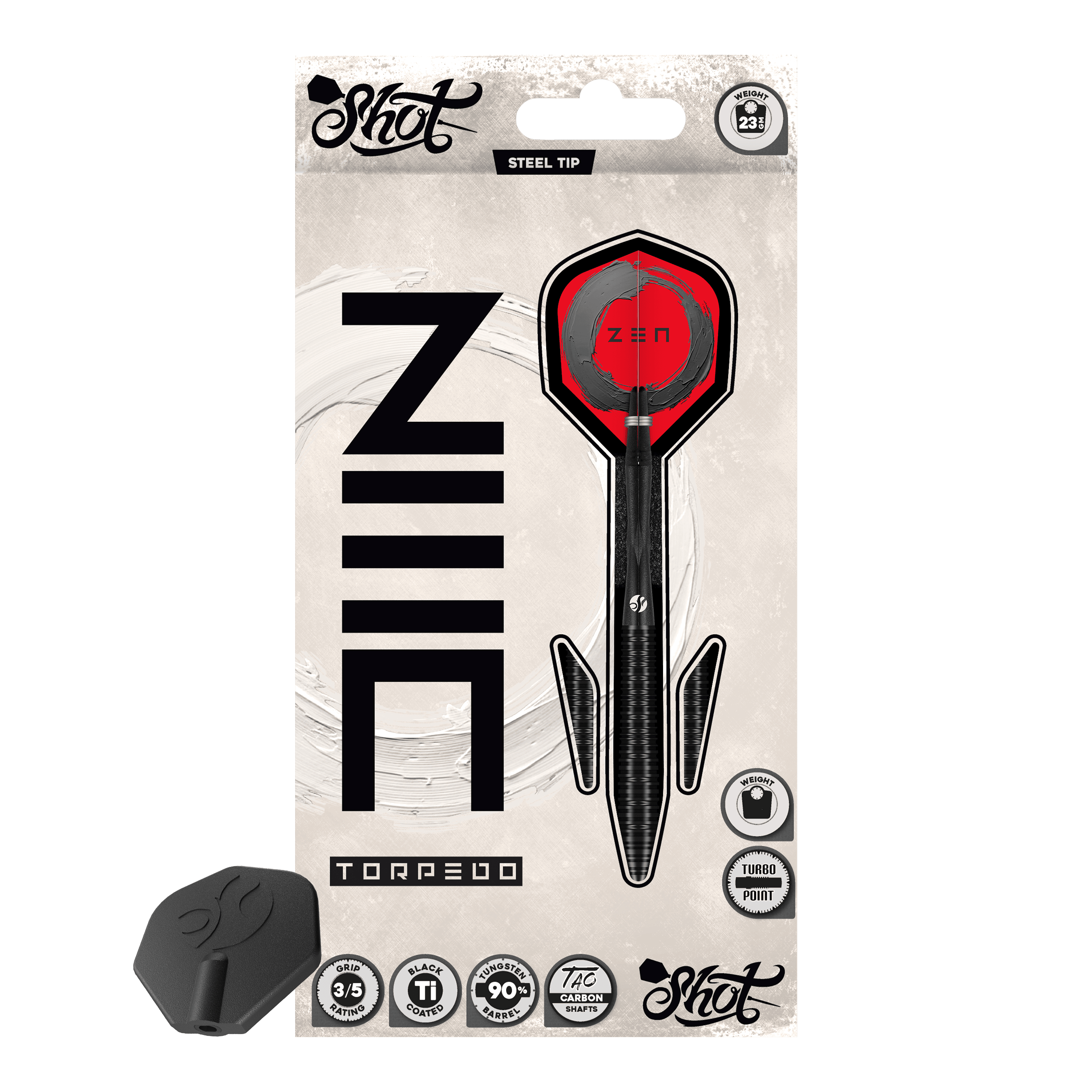Freccette in acciaio Shot ZEN Torpedo Turbo Point - 23 g Die Shot ZEN Torpedo Turbo Point Steeldarts mit 23g werden aus einer anderen Perspektive gezeigt. Die Oberfläche und die Details der Darts sind gut zu erkennen.