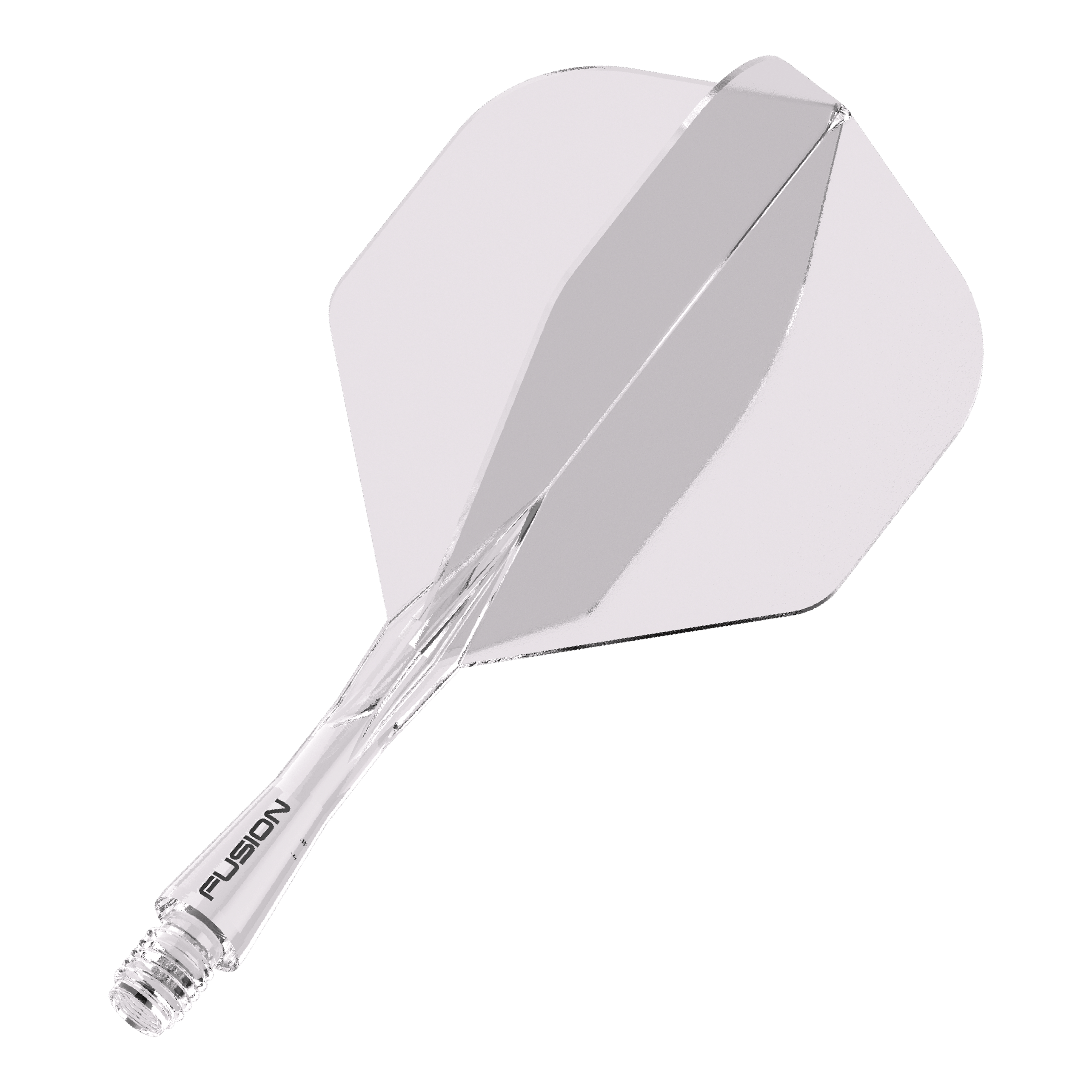 Sistema di alberi di volo Winmau Fusion standard trasparente Das Bild zeigt ein durchsichtiges Dartflight- und Shafts-System. Auf dem Schaft steht das Wort "FUSION".