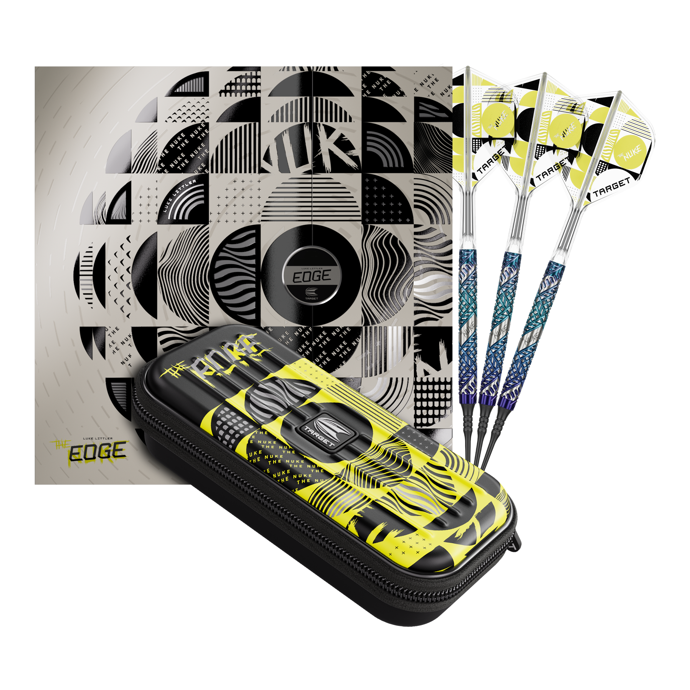 Auf dem Bild befindet sich das Set der Target Luke Littler Edge Softdarts - 19g. Die Darts sind komplett und gut sichtbar angeordnet.