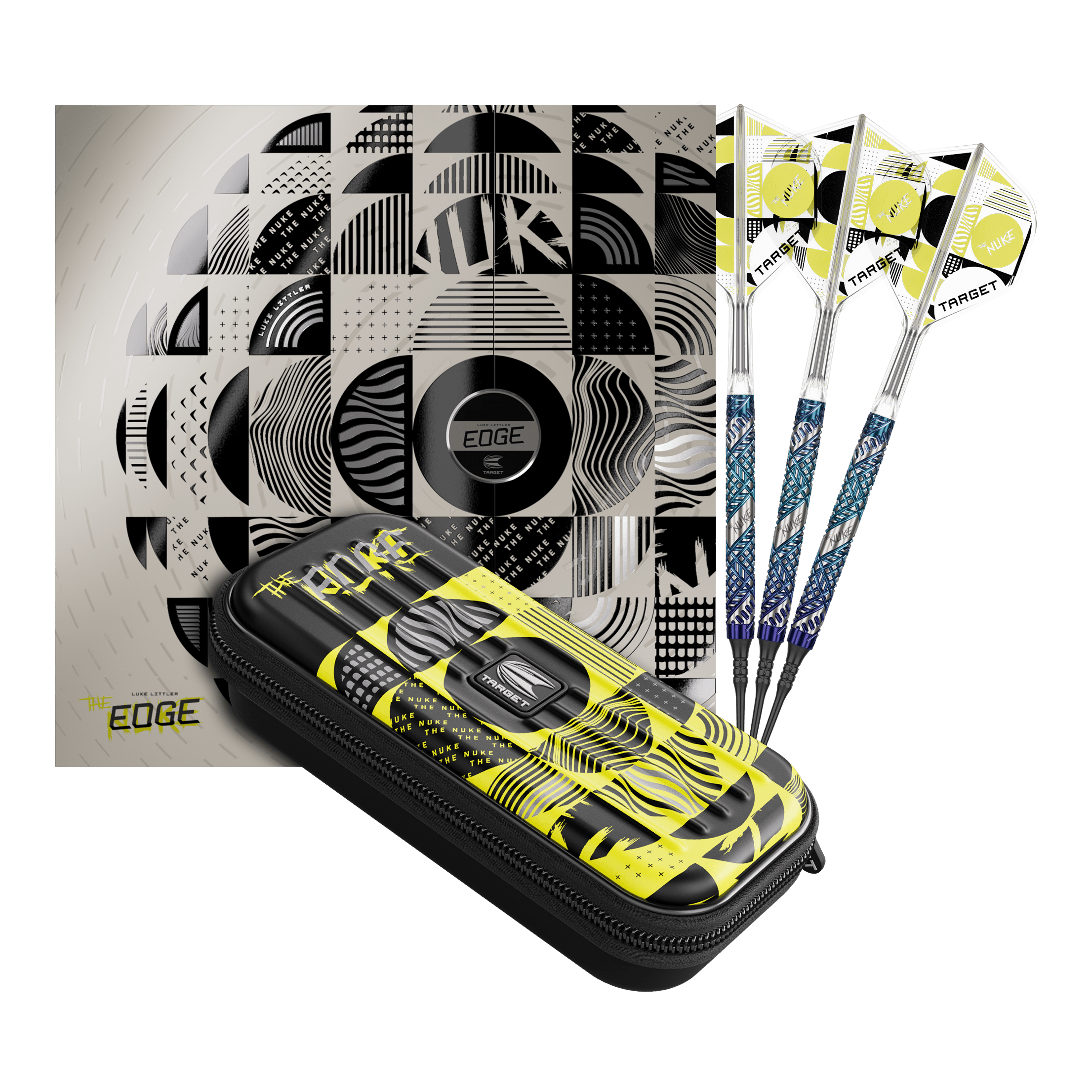 Freccette morbide Target Luke Littler Edge - 19 g Auf dem Bild befindet sich das Set der Target Luke Littler Edge Softdarts - 19g. Die Darts sind komplett und gut sichtbar angeordnet.