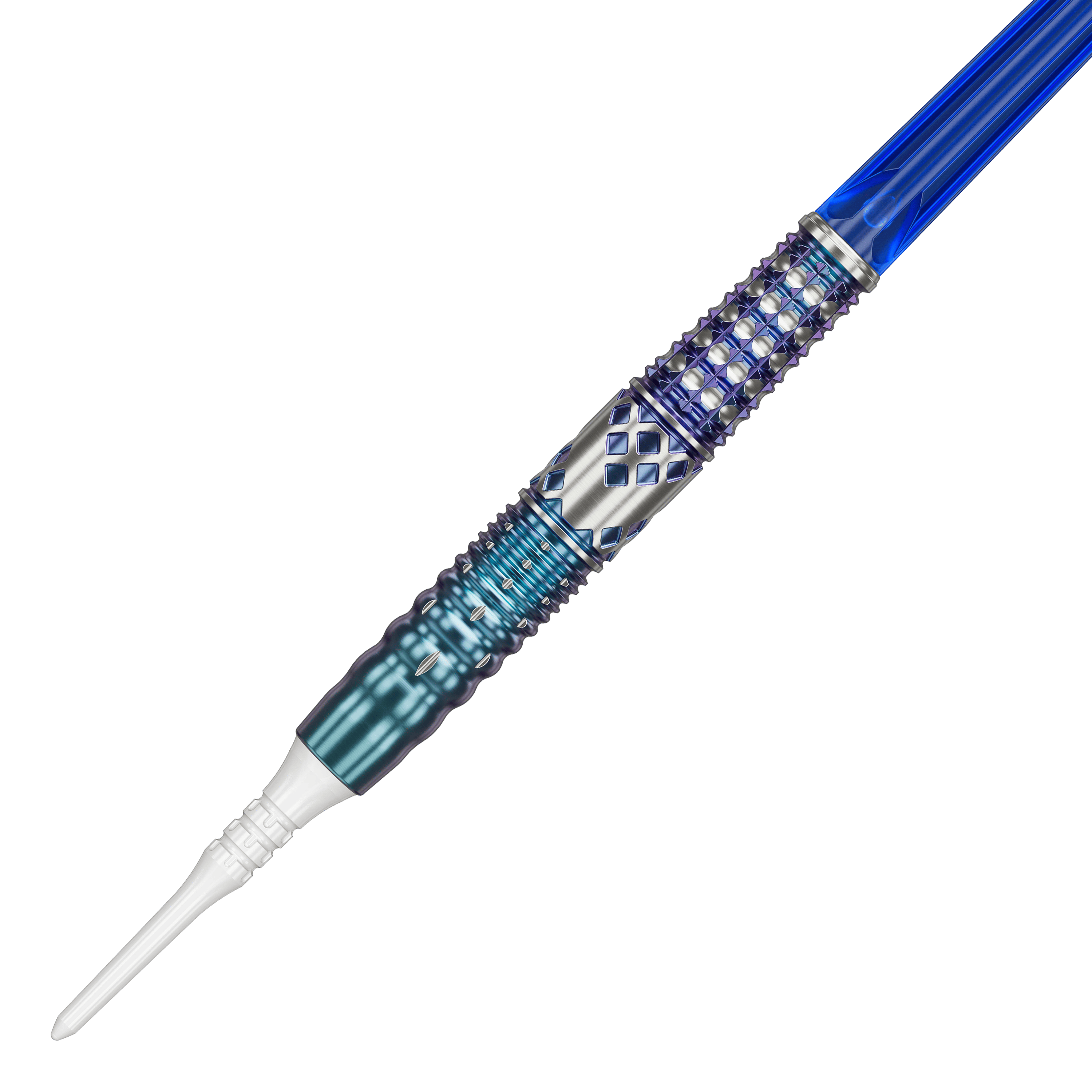 Target Japan Cathy Leung Charis GEN5 Freccette morbide - 19 g Dies ist ein Softdart namens "Target Japan Cathy Leung Charis GEN5 Softdarts - 19g". Er hat ein auffälliges Design mit blauen und silbernen Akzenten sowie strukturierter Oberfläche.