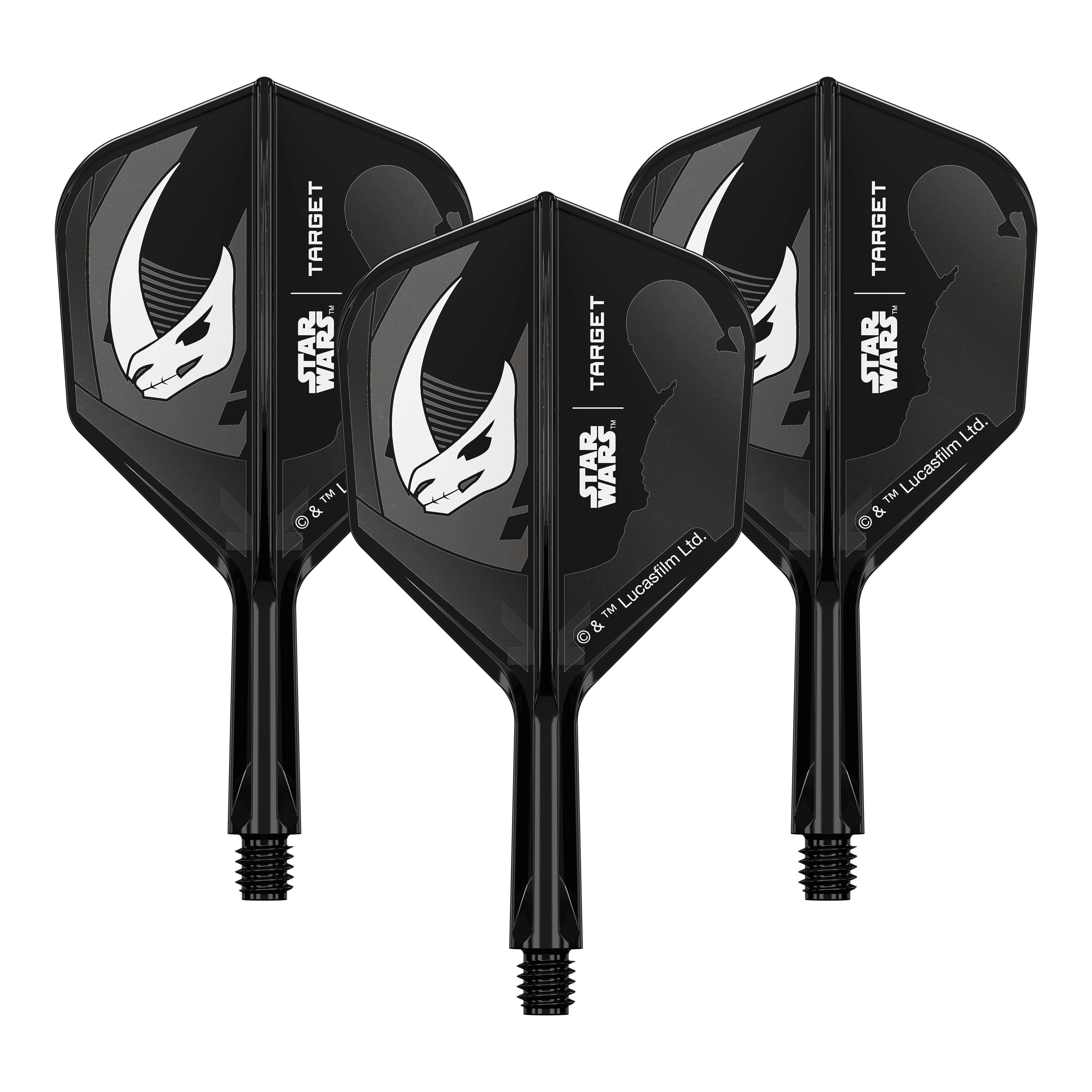 Set Target Star Wars K-Flex Mandalorian No6 Flights Auf dem Produkt ist eine Mandalorianer-Rüstung aus Star Wars abgebildet. Es handelt sich um einen weiteren No6 Flights 19 mm Dart-Flügel.