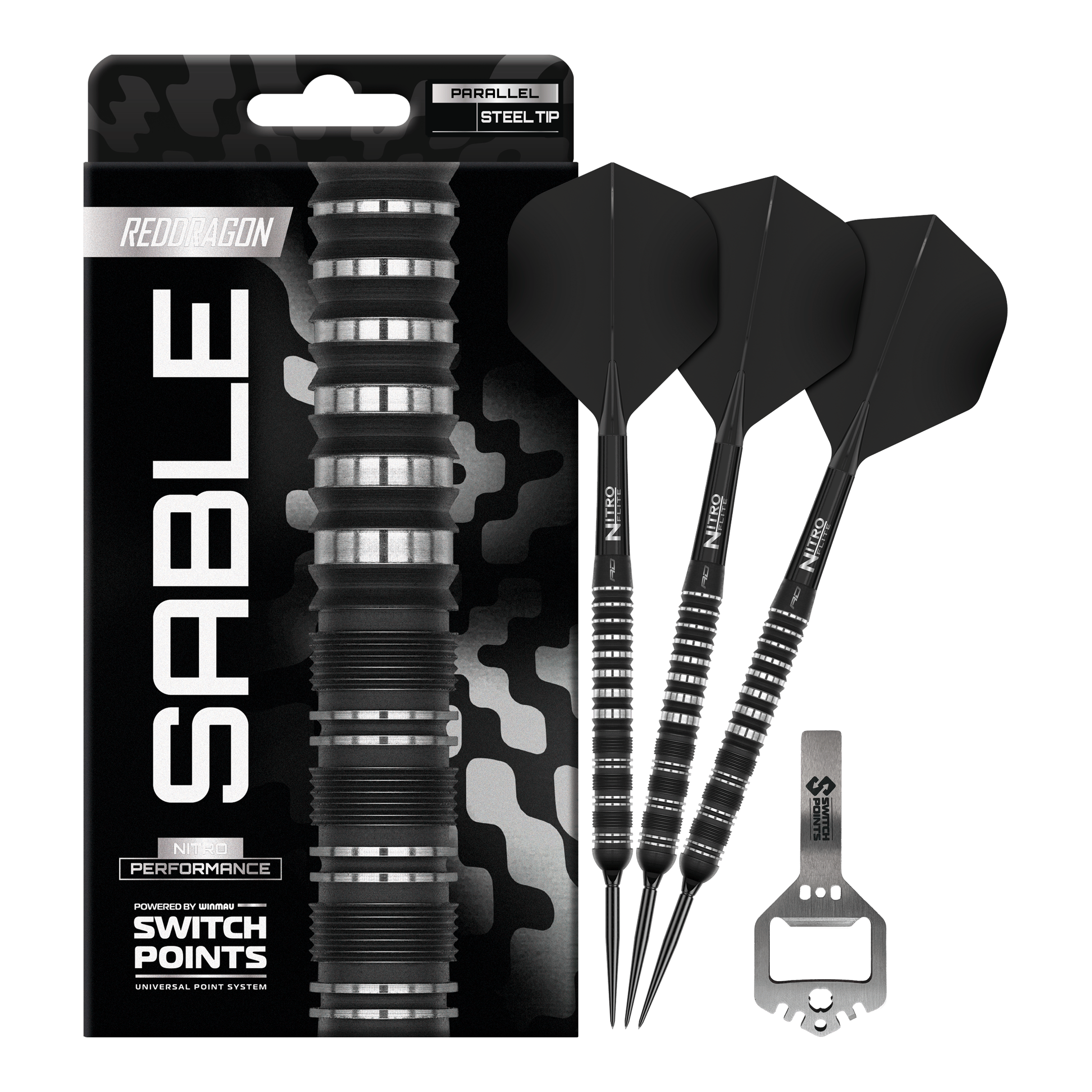 Freccette in acciaio Red Dragon Sable Parallel Switch Point Zu sehen ist das komplette Set der Red Dragon Sable Parallel Switch Point Steeldarts. Drei Darts und Zubehör liegen nebeneinander.